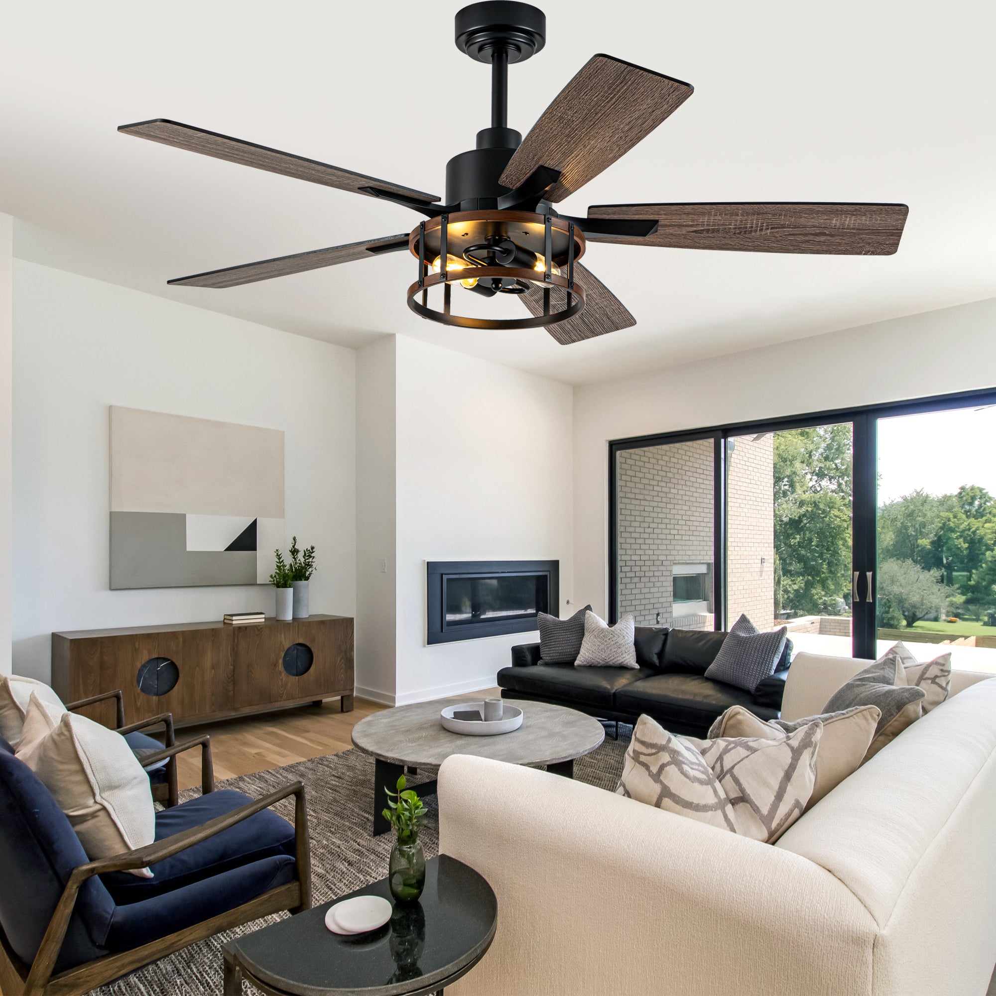 52 Inch Black Farmhouse Ceiling Fan with Lights and Remote Control,6 Speeds Dual-Finish Blades Caged Ceiling Fan