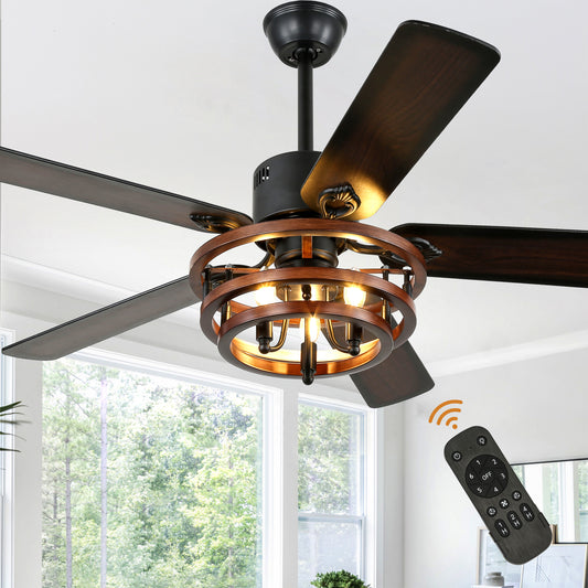BellaDepot 52" Farmhouse Brown Ceiling Fan with Remote Control, 5 Blades Standard Ceiling Fan with Lights - DC5219