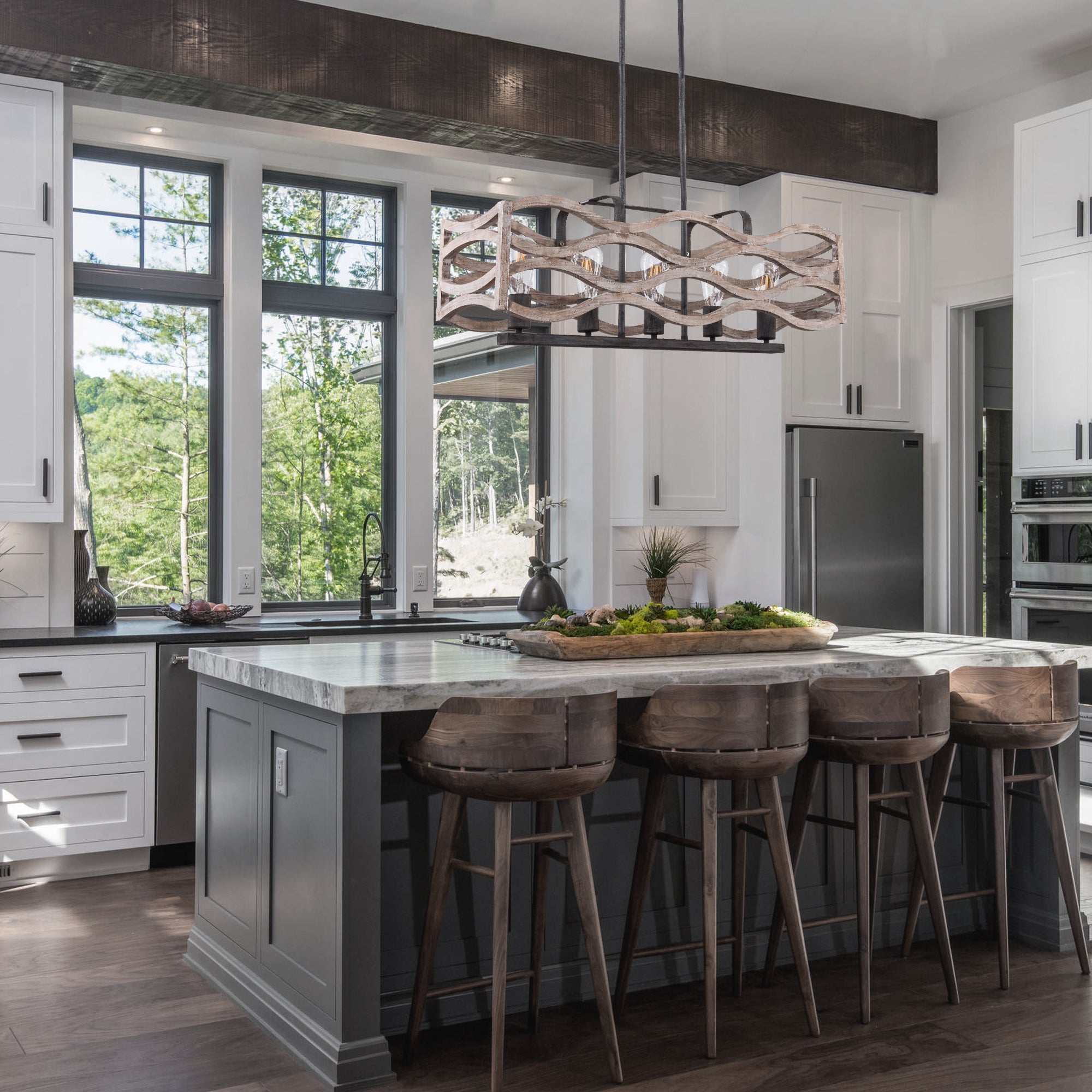 5 - Light Rectangle Farmhouse Chandelier for Dining Room Wooden Chandelier, 34" Kitchen Island Lighting