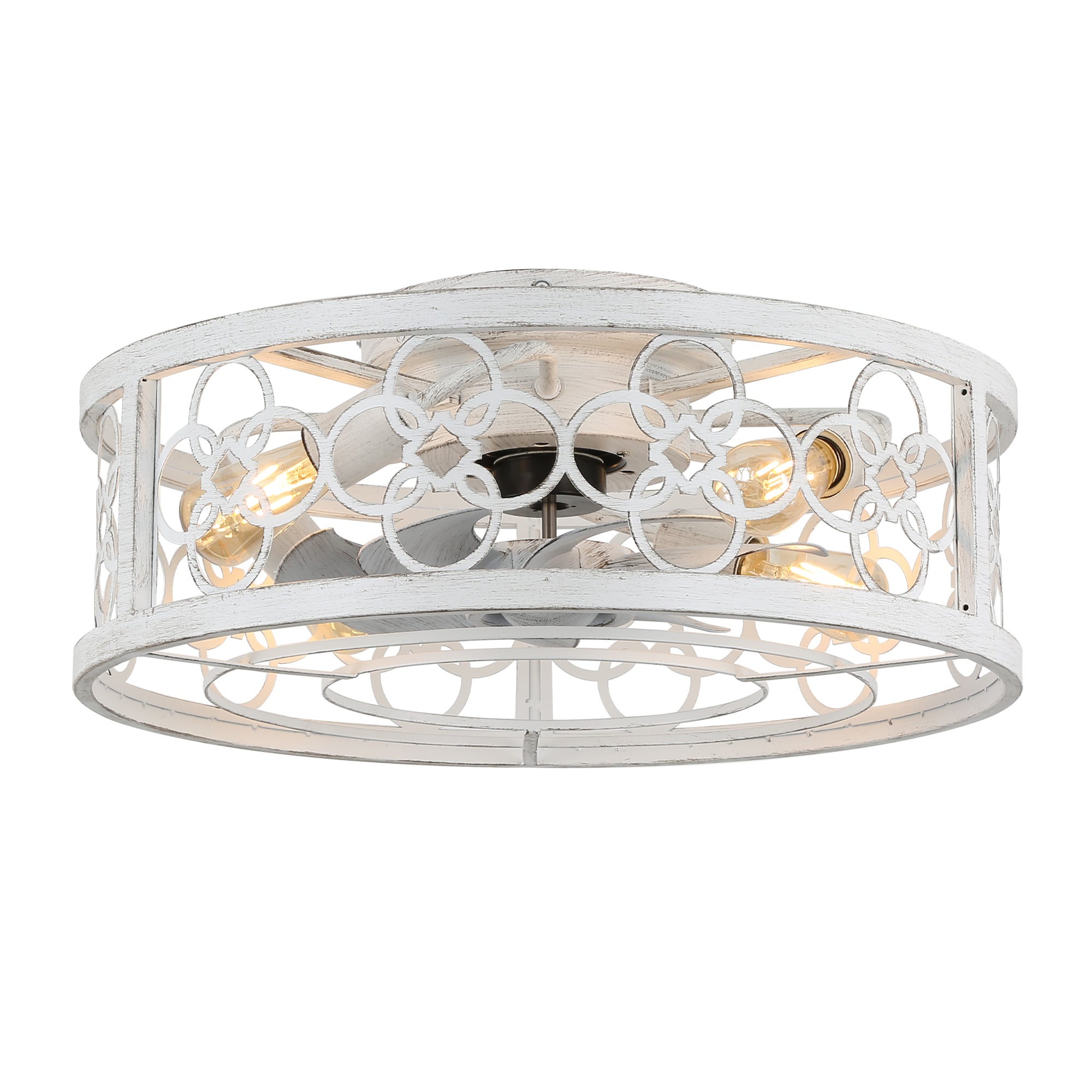 20 Inch Farmhouse Distressed White Flush Mount Caged Ceiling Fan with Lights and Remote, 3 Speeds Reversible Bladeless Fandelier Ceiling Fan