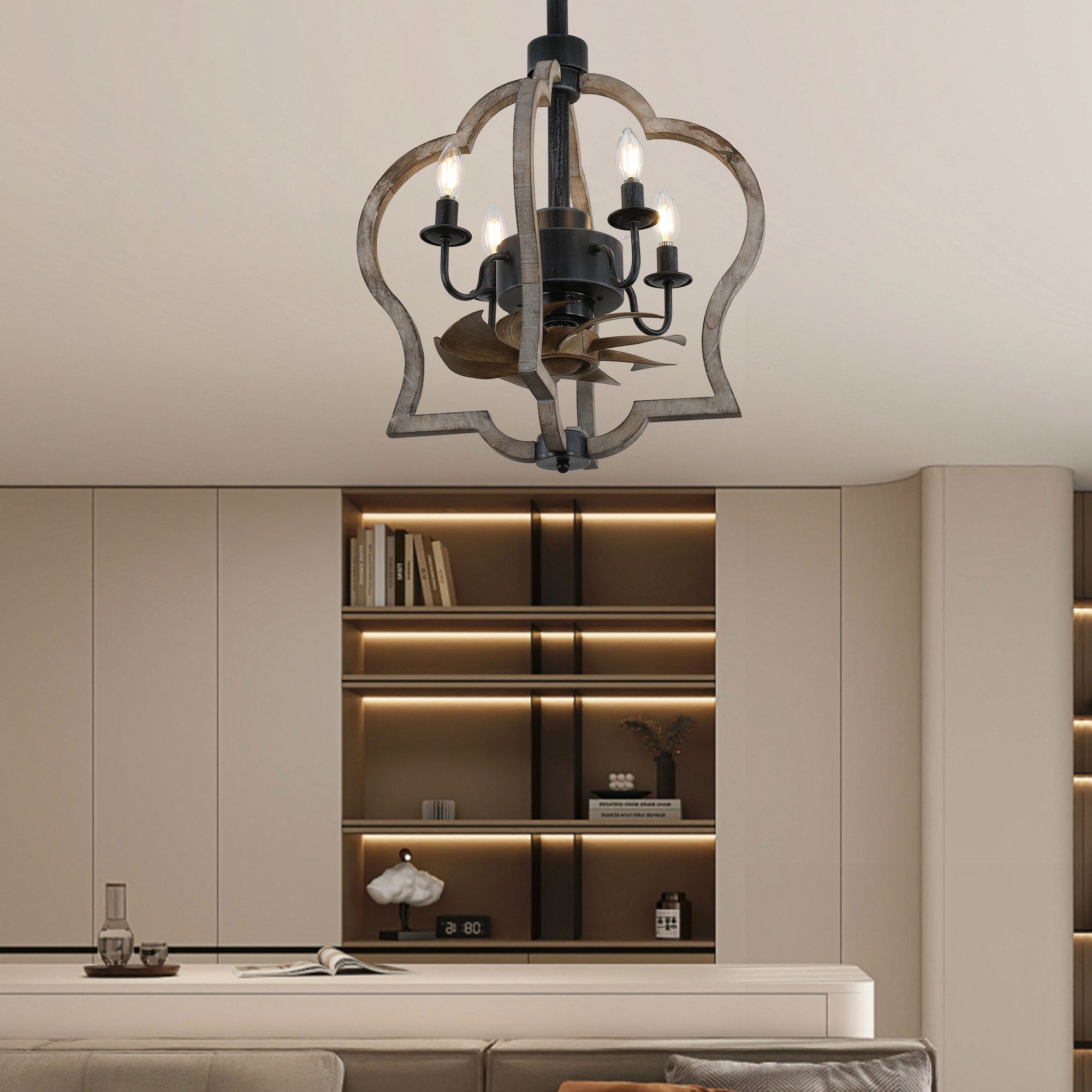 BD1501-BellaDepot 14.6" Farmhouse Distressed Wood Caged Reversible Ceiling Fan with Remote and 4 Lights