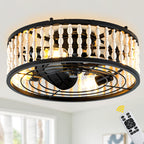 19 Inch Black Farmhouse Flush Mount Ceiling Fan with Lights and Remote Control, 6 Speeds DC Motor Bladeless Ceiling Fan for Bedroom