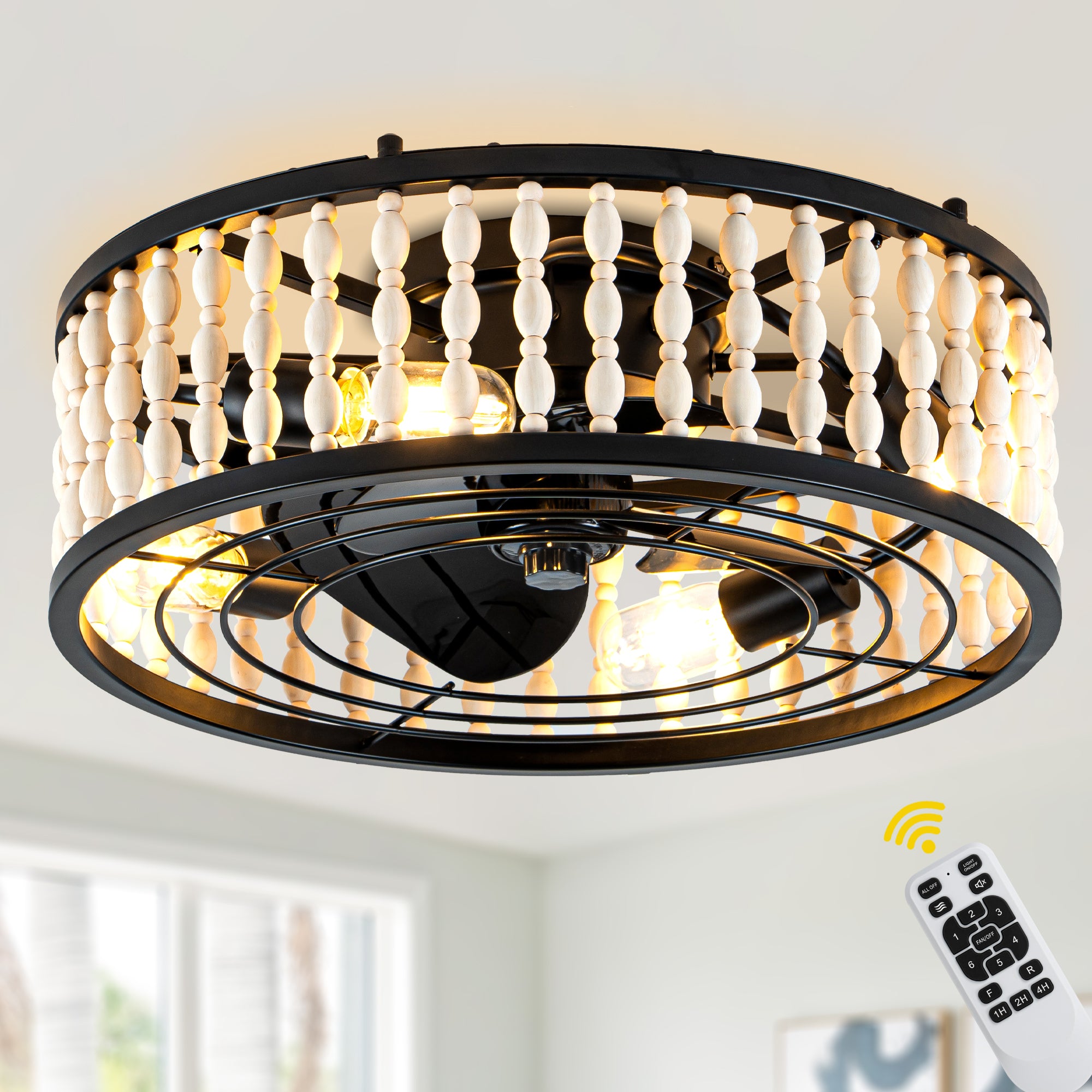 19 Inch Black Farmhouse Flush Mount Ceiling Fan with Lights and Remote Control, 6 Speeds DC Motor Bladeless Ceiling Fan for Bedroom