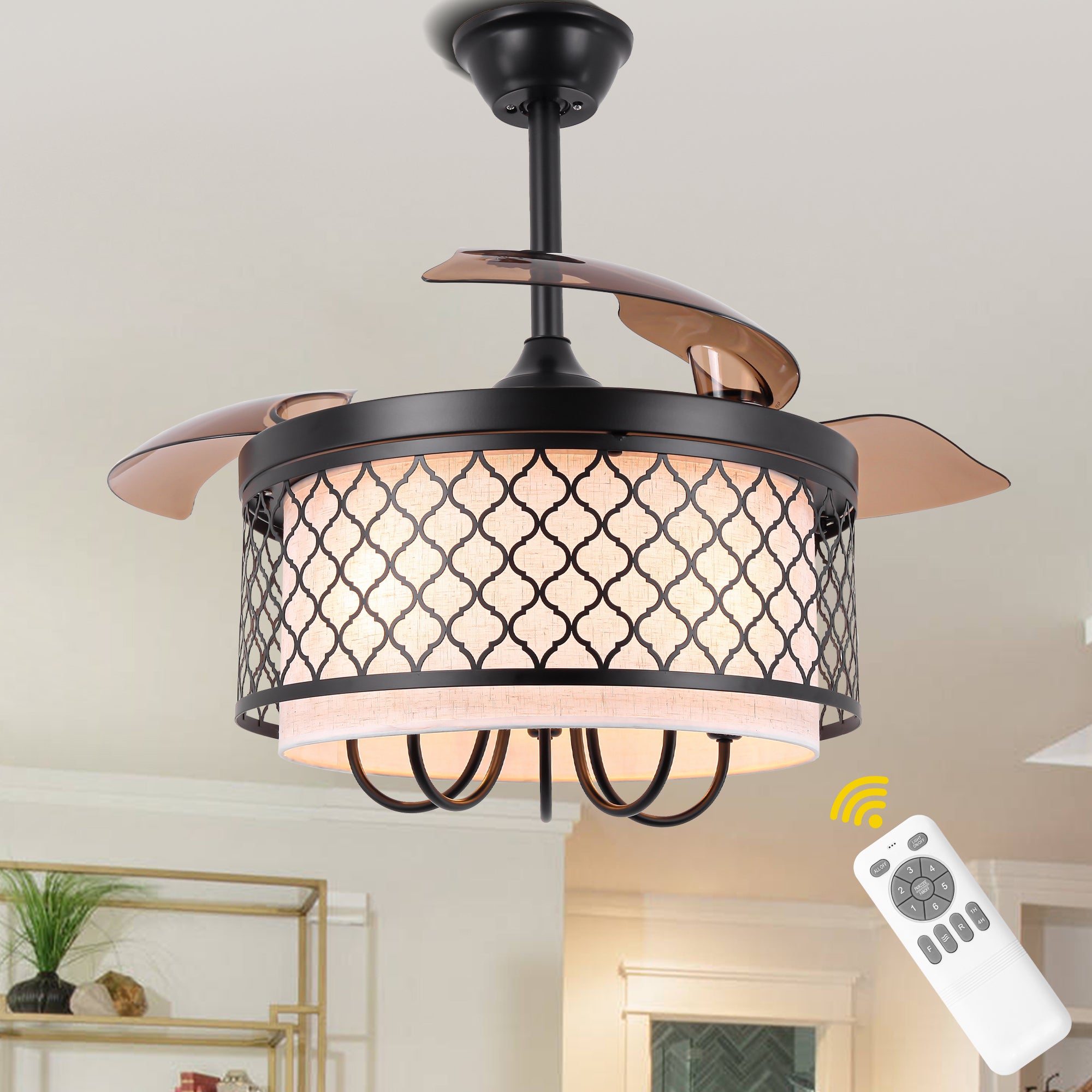 42 Inch Farmhouse Retractable Ceiling Fan with Lights and Remote Control, 6 Speeds DC Motor Bladeless Ceiling Fan for Bedroom