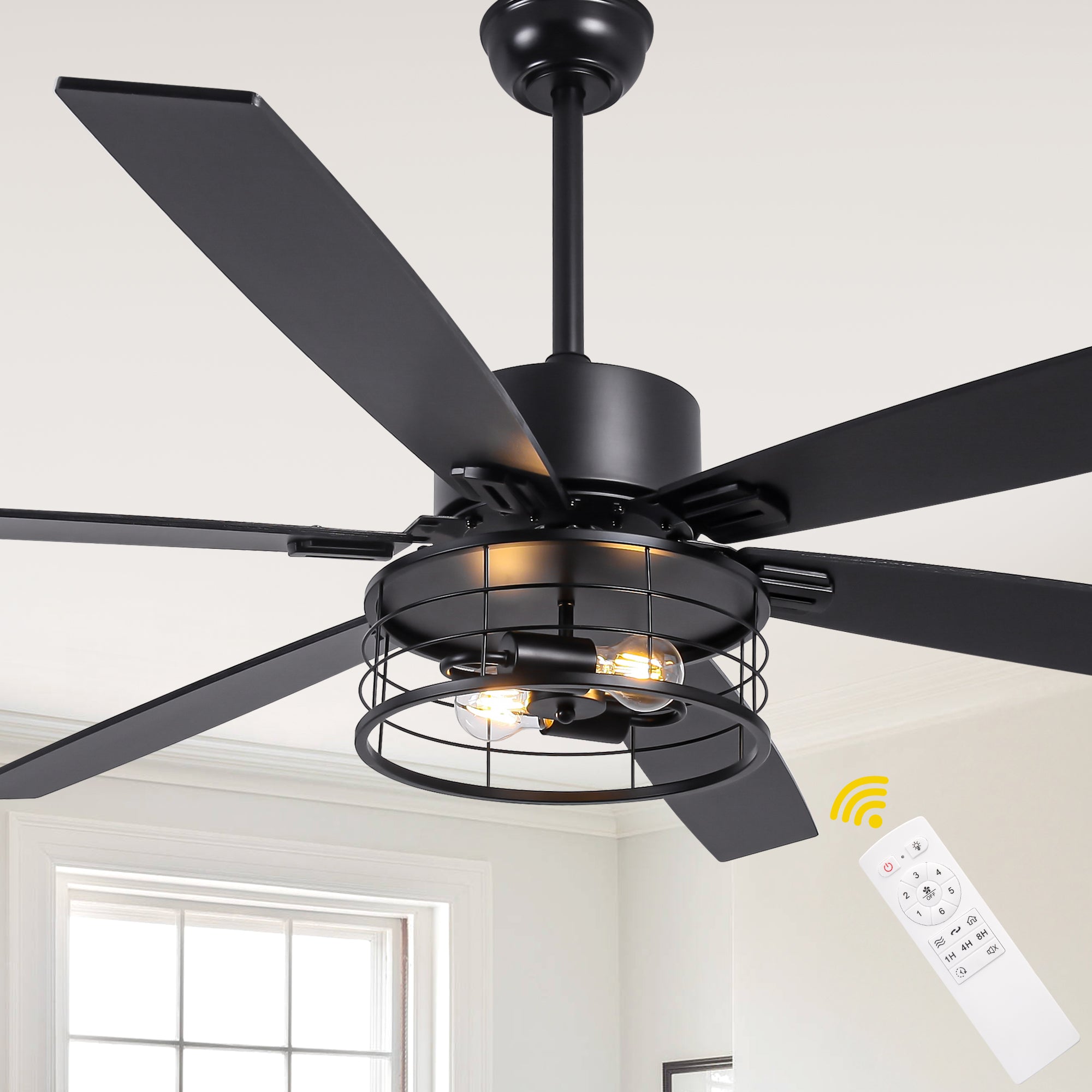 65 Inch Black Modern Industrial Ceiling Fan with Lights and Remote Control,6 Speeds Reversible Ceiling Fan for Large Rooms