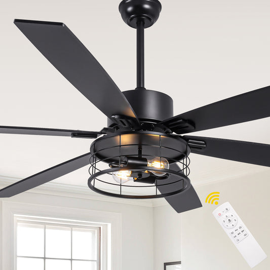DC256501-BellaDepot 65" Industrial Matte Black Ceiling Fan, Reversible 6-speed Fan with Lights, Remote-controlled Fan