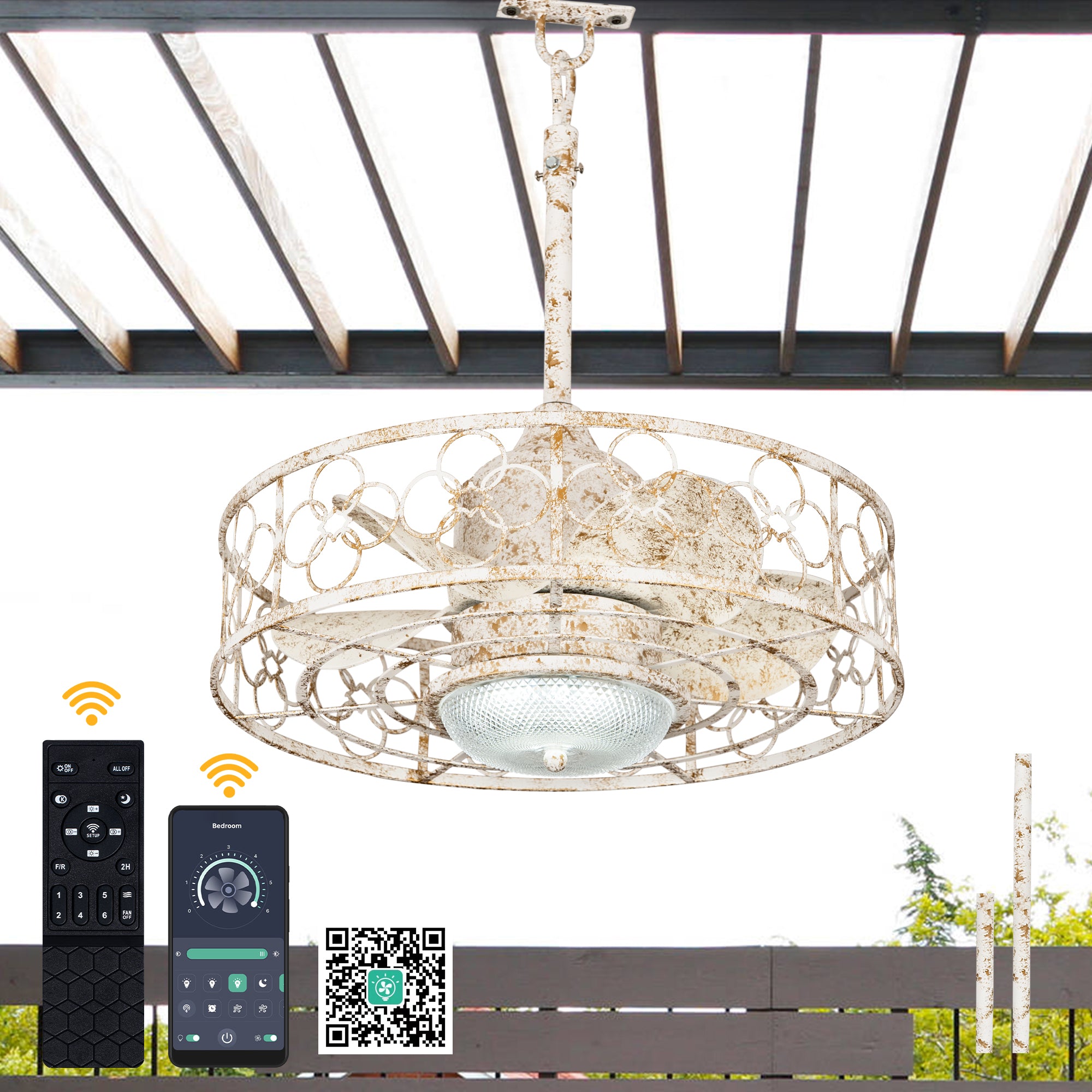 21 Inch Outdoor Waterproof Ceiling Fan with Dimmable LED Light and Remote Control, 6-Speed DC Motor Vintage Distressed White Plug In Ceiling Fan