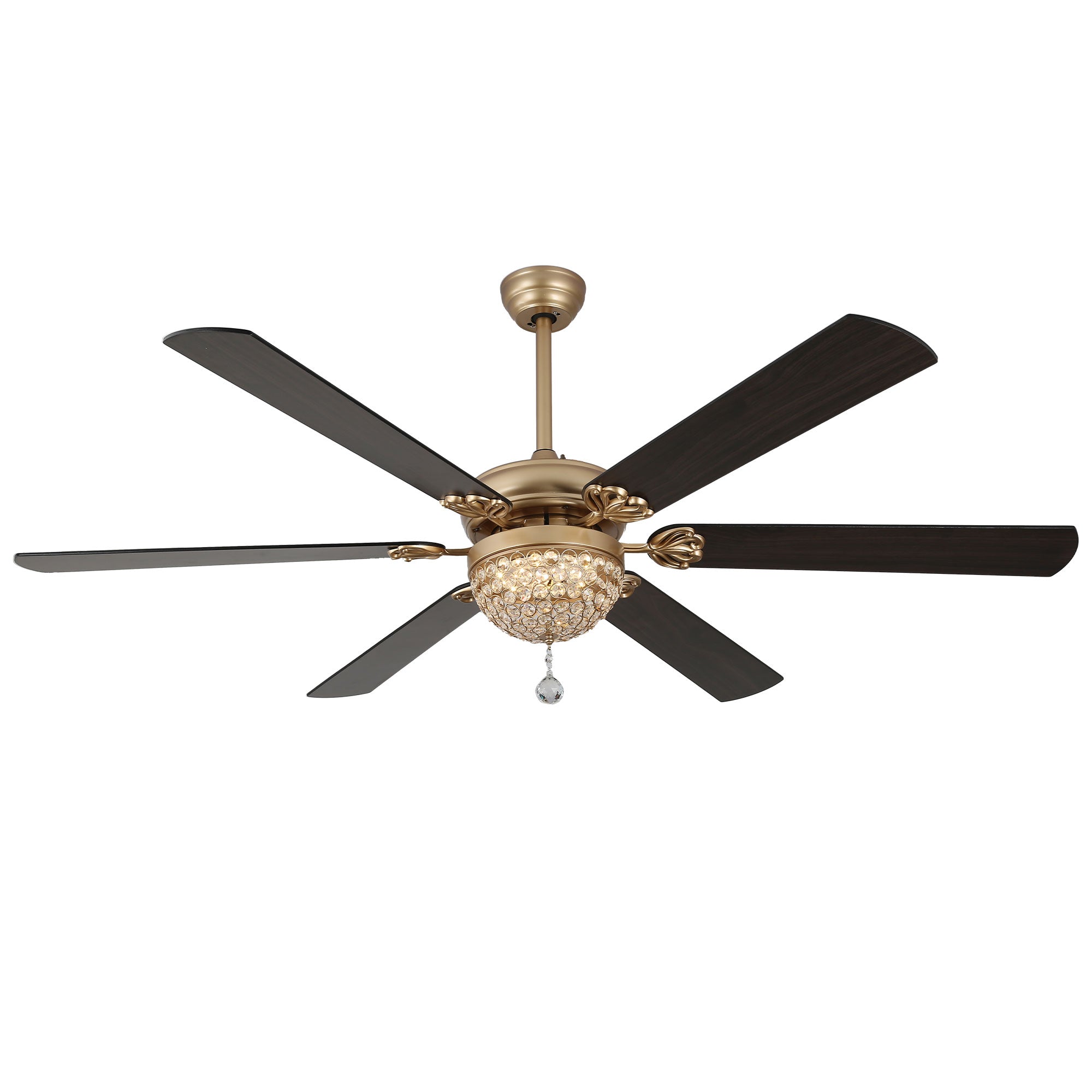 DC6503-BellaDepot 65" 6 Wooden Blades Black/Silver Finish Luxury Crystal Reversible Ceiling Fan with Remote and LED Light Kit Included, Large Size Dimmable Ceiling Fan
