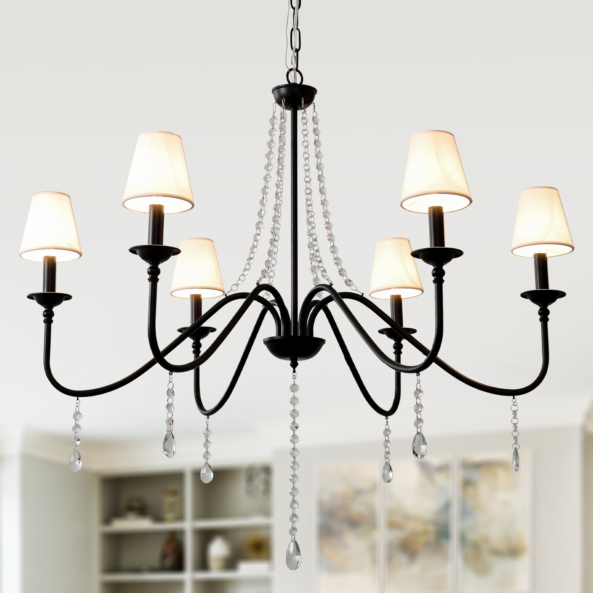 6-Light Classic Crystal Chandelier 34.7 Inch Traditional Chandelier Pendant Light Fixture with Fabric Shade