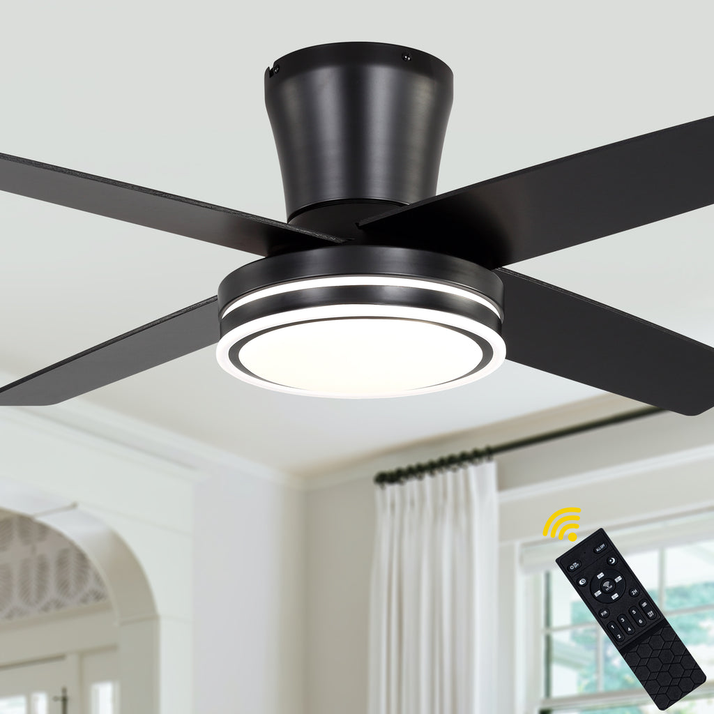 44 Inch Black/Chrome Modern Flush Mount Ceiling Fan with Dimmable LED Lights and Remote, 6 Speeds DC Motor Low Profile Ceiling Fan