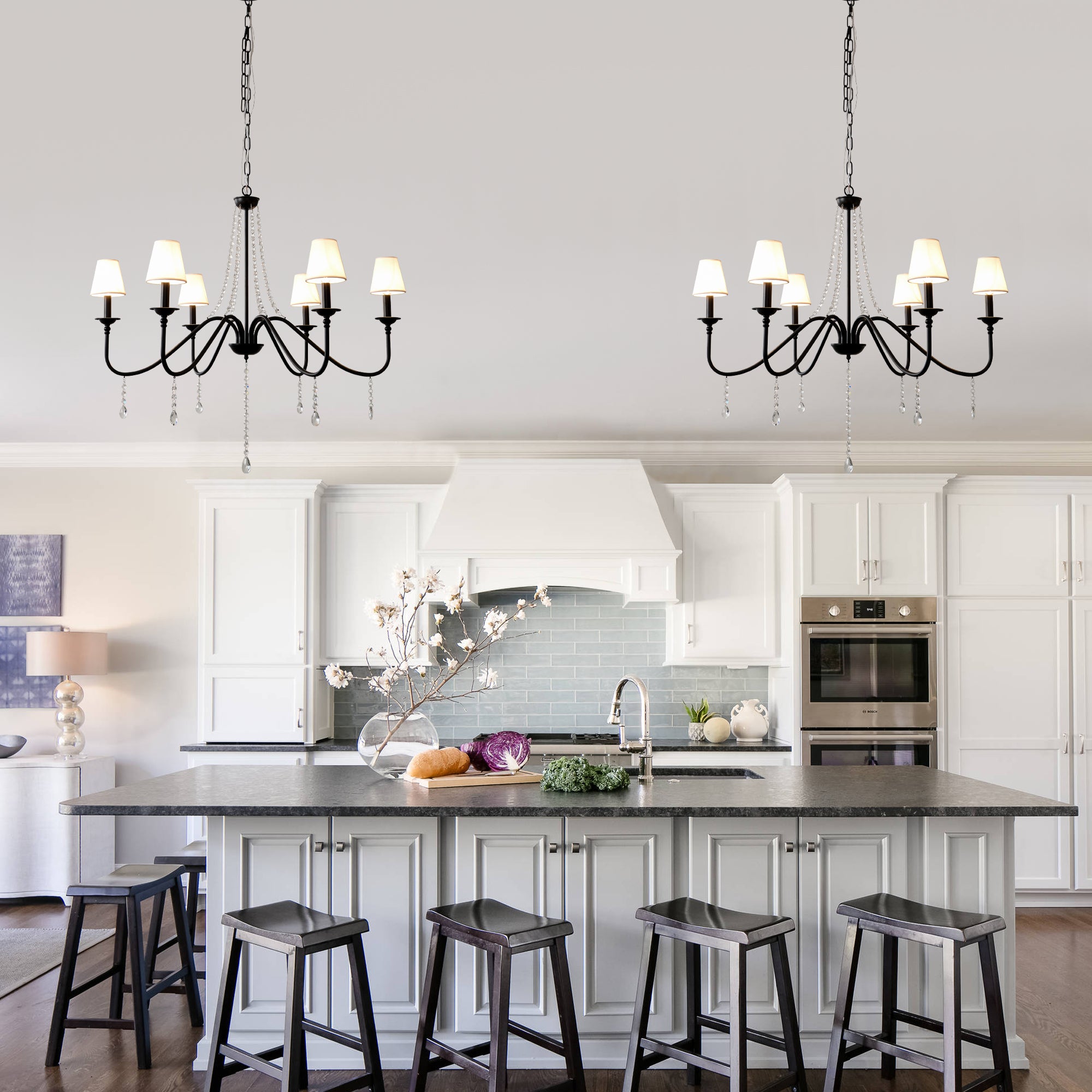 6-Light Classic Crystal Chandelier 34.7 Inch Traditional Chandelier Pendant Light Fixture with Fabric Shade