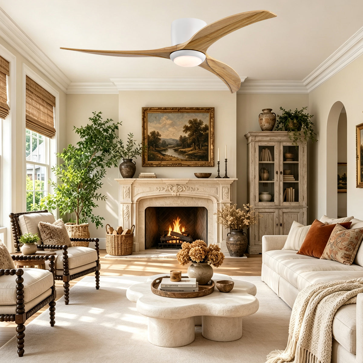 52 Inch Farmhouse Matte White Natural Wood Ceiling Fan with Lights & Remote Control, 6 Speed DC Motor Reversible Ceiling Fan