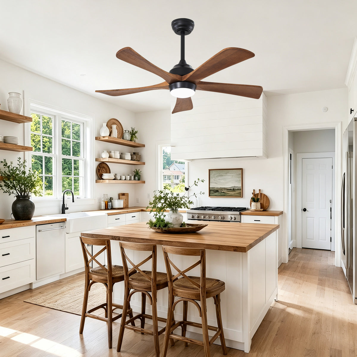 42 Inch Traditional Farmhouse Solid Wood 5 Blade Ceiling Fan with Lights & Remote Control, 6 Speed DC Motor Reversible Ceiling Fan