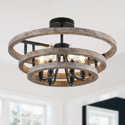 FC4111-6 Lights Classic Wood Chandelier, Height Adjustable Home Decoration Pendant Light