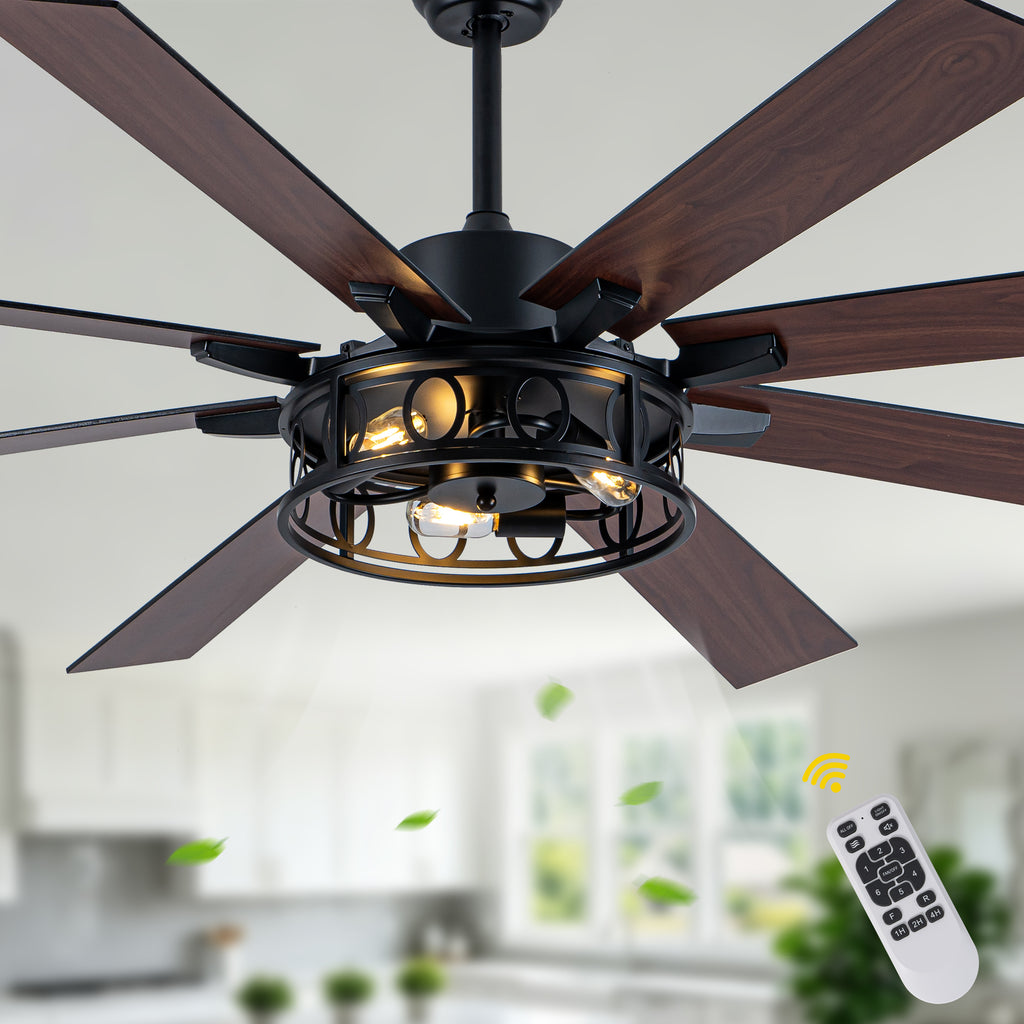 Farmhouse 72 Inch Caged Down Rods Ceiling Fan with Light Reversible Quiet DC Motor 6-Speed Ceiling Fan with Light Retro Remote Control Timming Ceiling Fan with Light Suit for Living Room, Bedroom, Kitchen