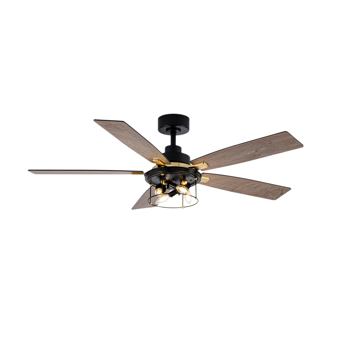 Industrial 52 Inch Gold/Black Caged Ceiling Fan with Light Quiet Reversible DC Motor with 6 Speed Remote Control Ceiling Fan 5 Blades Ceiling Fan Suit for Kitchen Bedroom Living Room