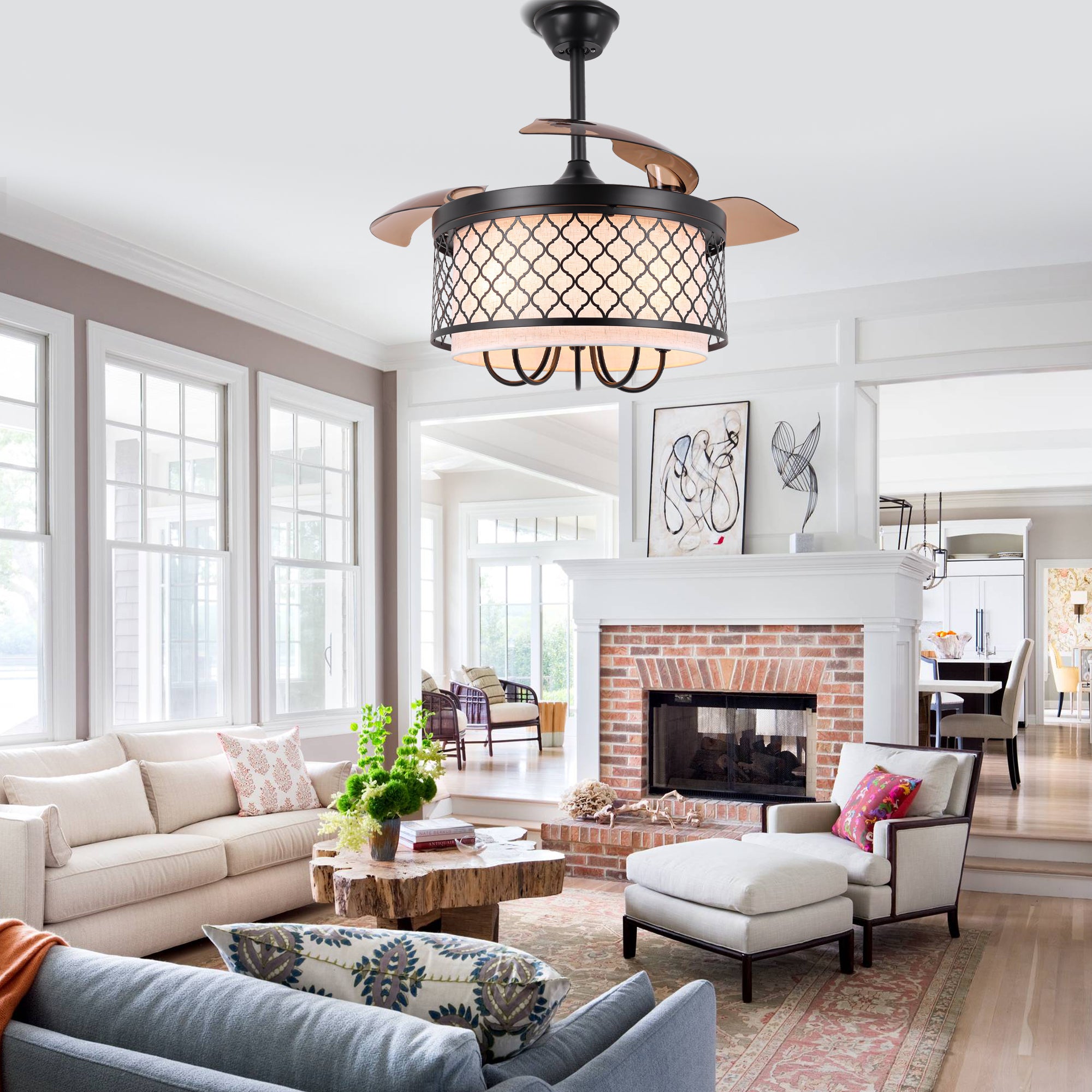 42 Inch Farmhouse Retractable Ceiling Fan with Lights and Remote Control, 6 Speeds DC Motor Bladeless Ceiling Fan for Bedroom