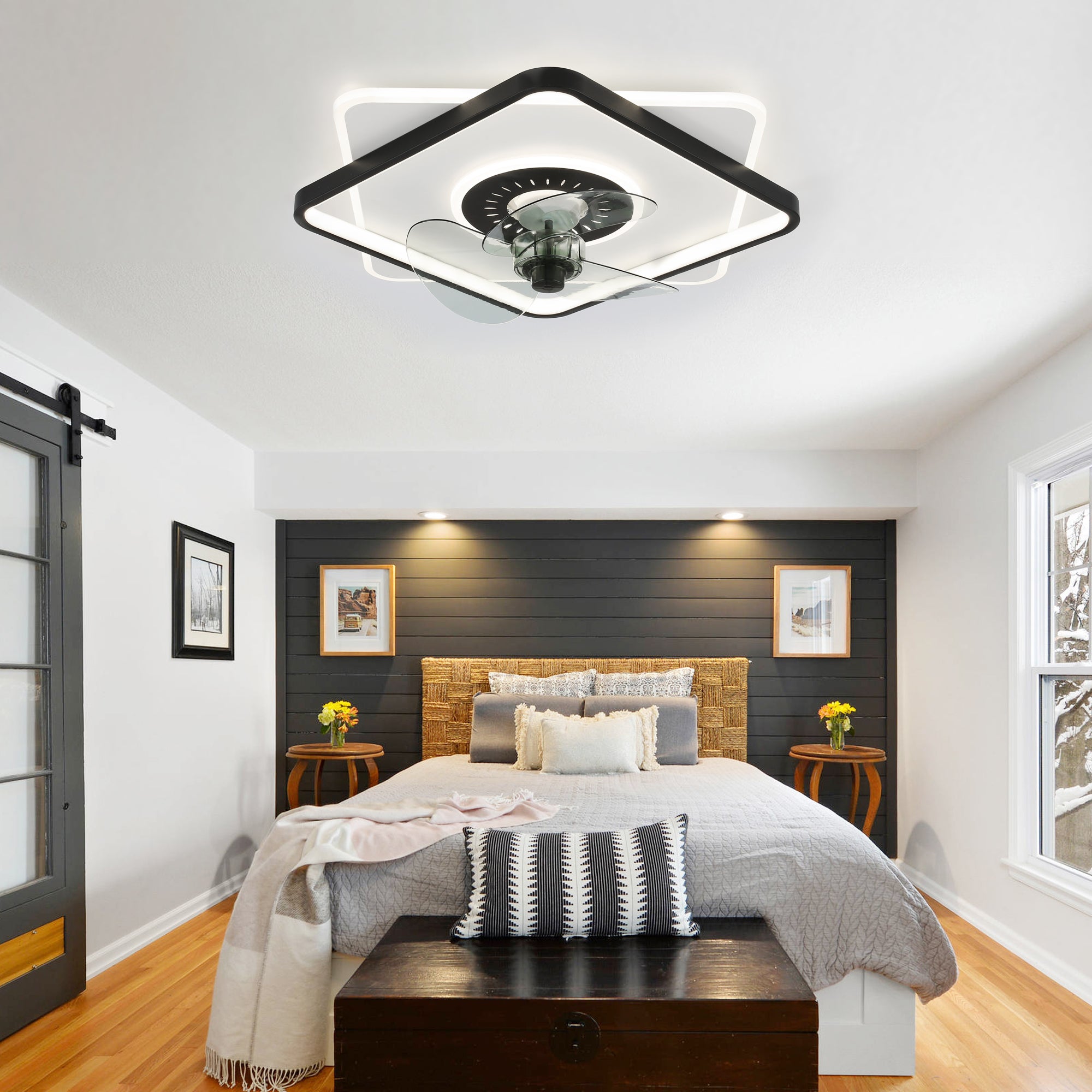 19 Inch Square Modern Smart Low Profile Ceiling Fan with LED Light, 6 Speeds DC Motor Flush Mount Ceiling Fan for Bedroom