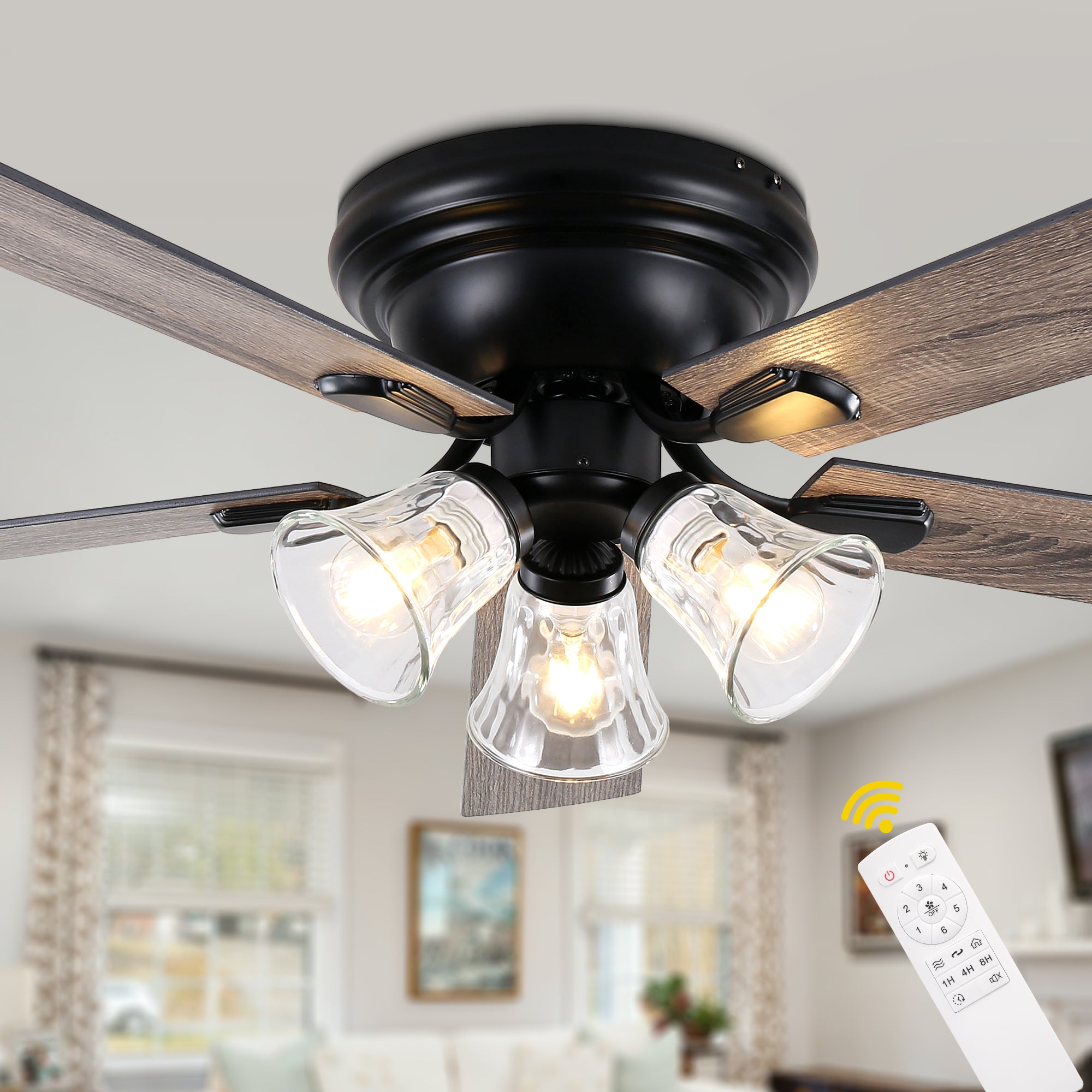52/60 Inch Black Farmhouse Flush Mount Ceiling Fan with Lights and Remote Control, 6 Speeds DC Motor Low Profile Ceiling Fan with Glass Shade