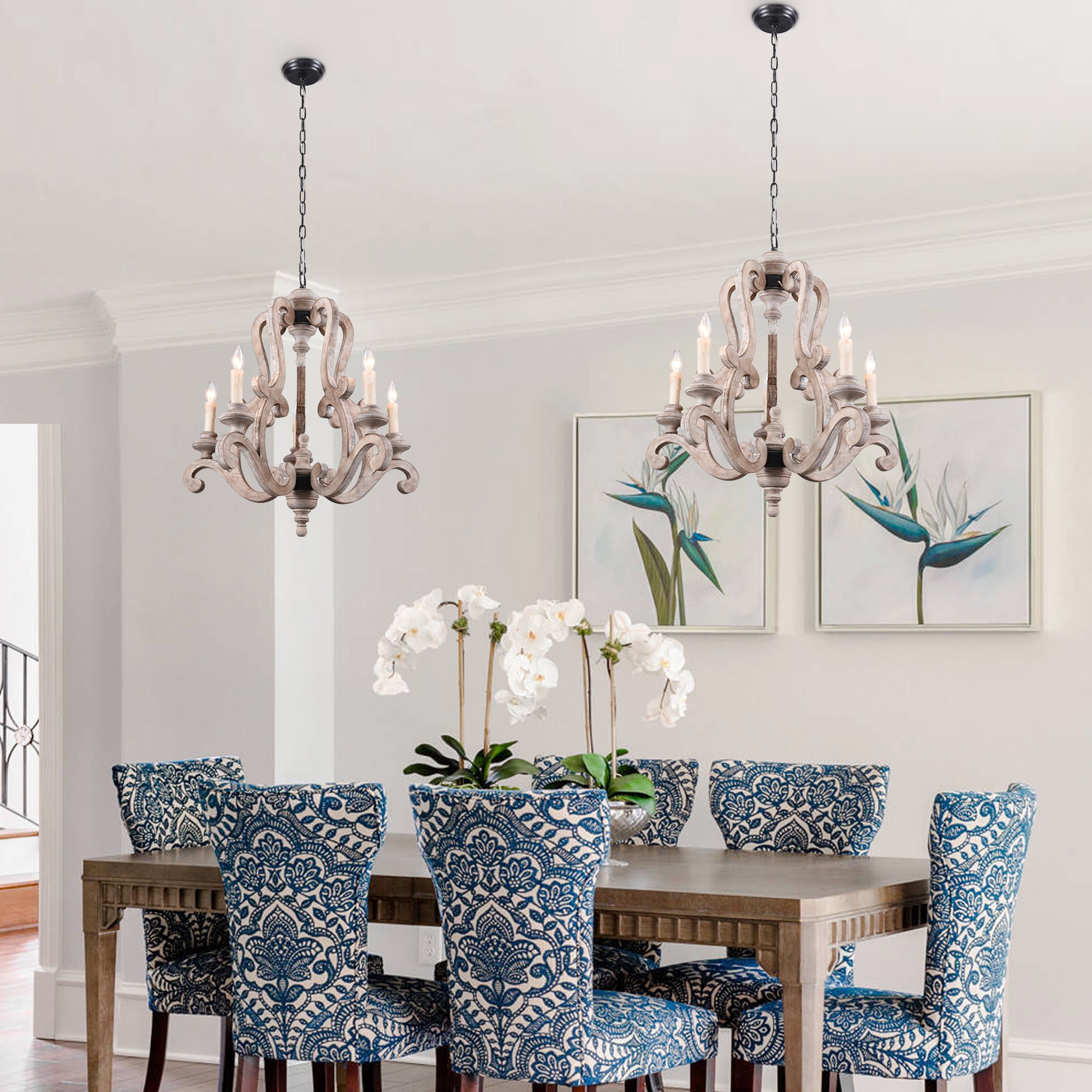 FC4004-H/W-BellaDepot 5 Lights 25" Distressed Wood/Distressed White Vintage Wood Chandelier, Height Adjustable Pendant Light