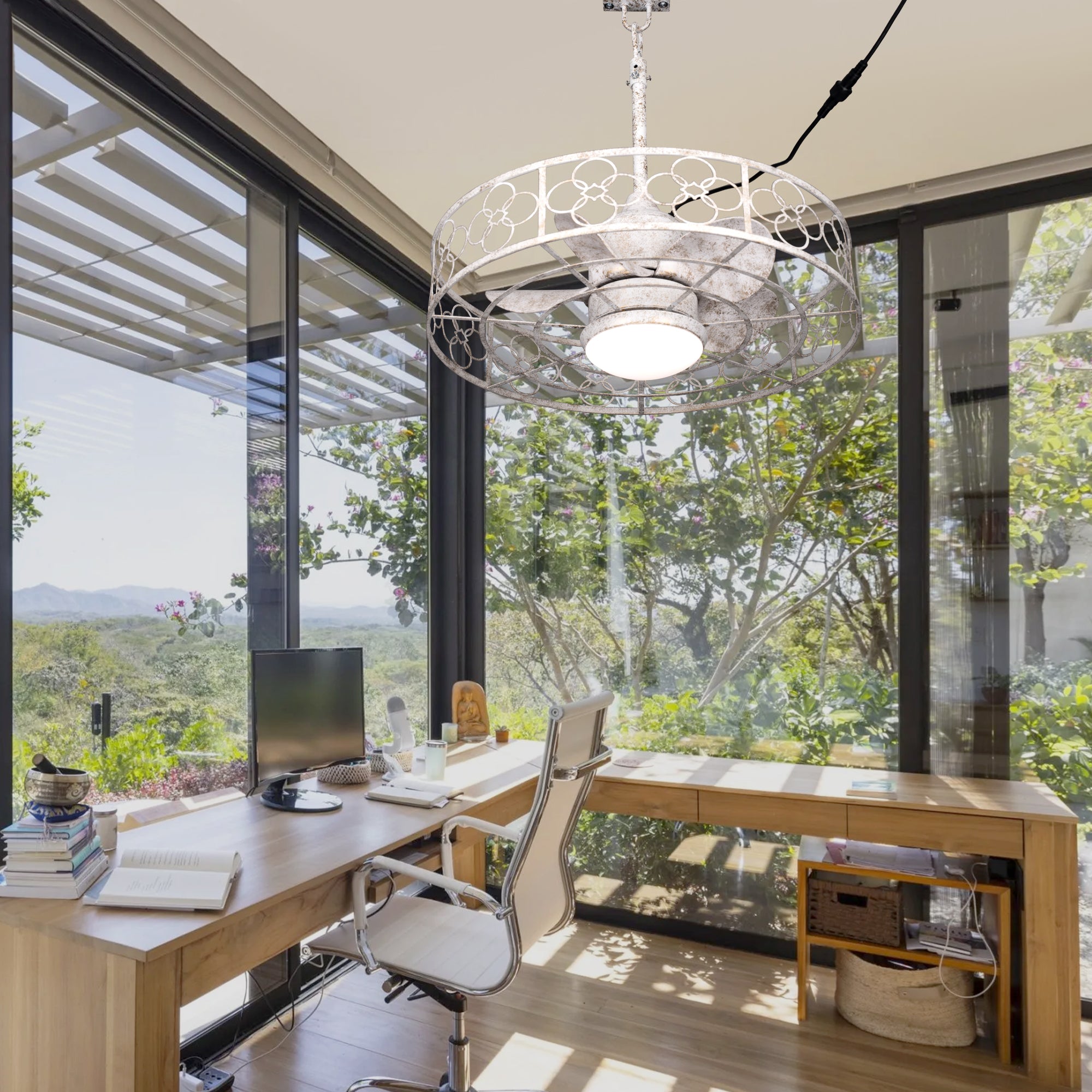 HW2036-BellaDepot 23.6" Distressed White Outdoor Ceiling Fan with Remote and LED Lights, DC Motor 6 Speeds Ceiling Fan