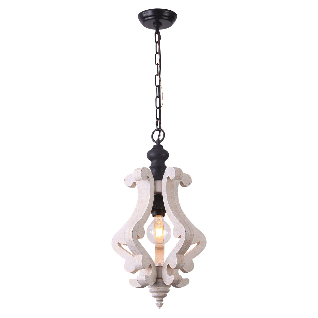 1 - Light Rustic Distressed Wood/White Chandelier, 12.6" Wooden Farmhouse Chandelier Kitchen Island Light Pendant Light