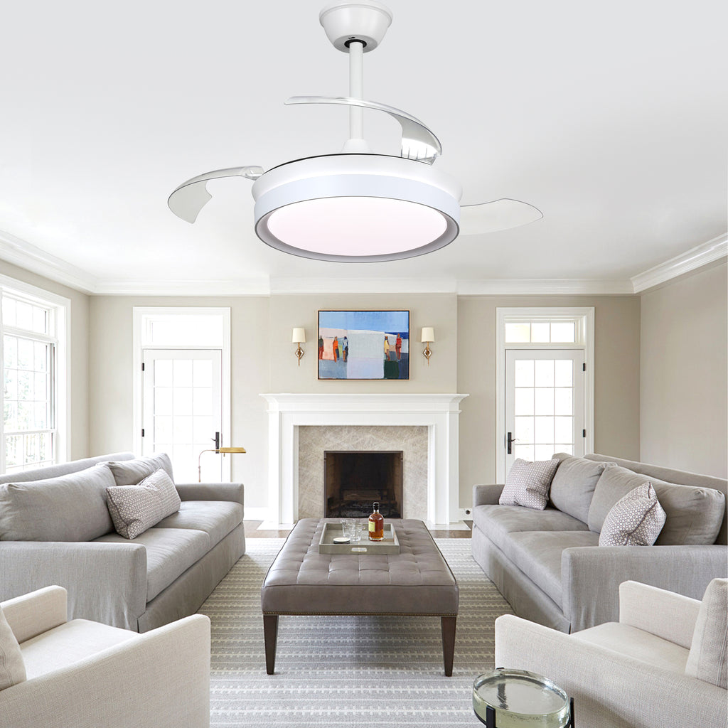 36 Inch Black/Gold/White Modern Smart Retractable Ceiling Fan with LED Light and Remote, 6 Speeds DC Motor Bladeless Ceiling Fan