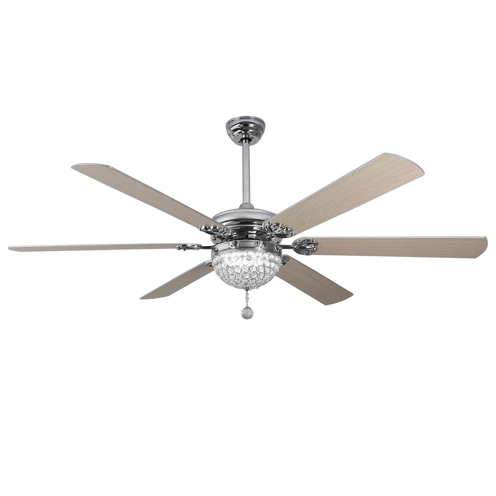 DC6503-BellaDepot 65" 6 Wooden Blades Black/Silver Finish Luxury Crystal Reversible Ceiling Fan with Remote and LED Light Kit Included, Large Size Dimmable Ceiling Fan