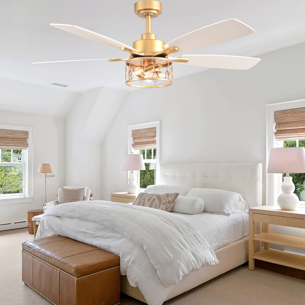52 Inch Golden Modern Ceiling Fan with Lights and Remote Control, 6 Speeds DC Motor Reversible Ceiling Fan for Living Room