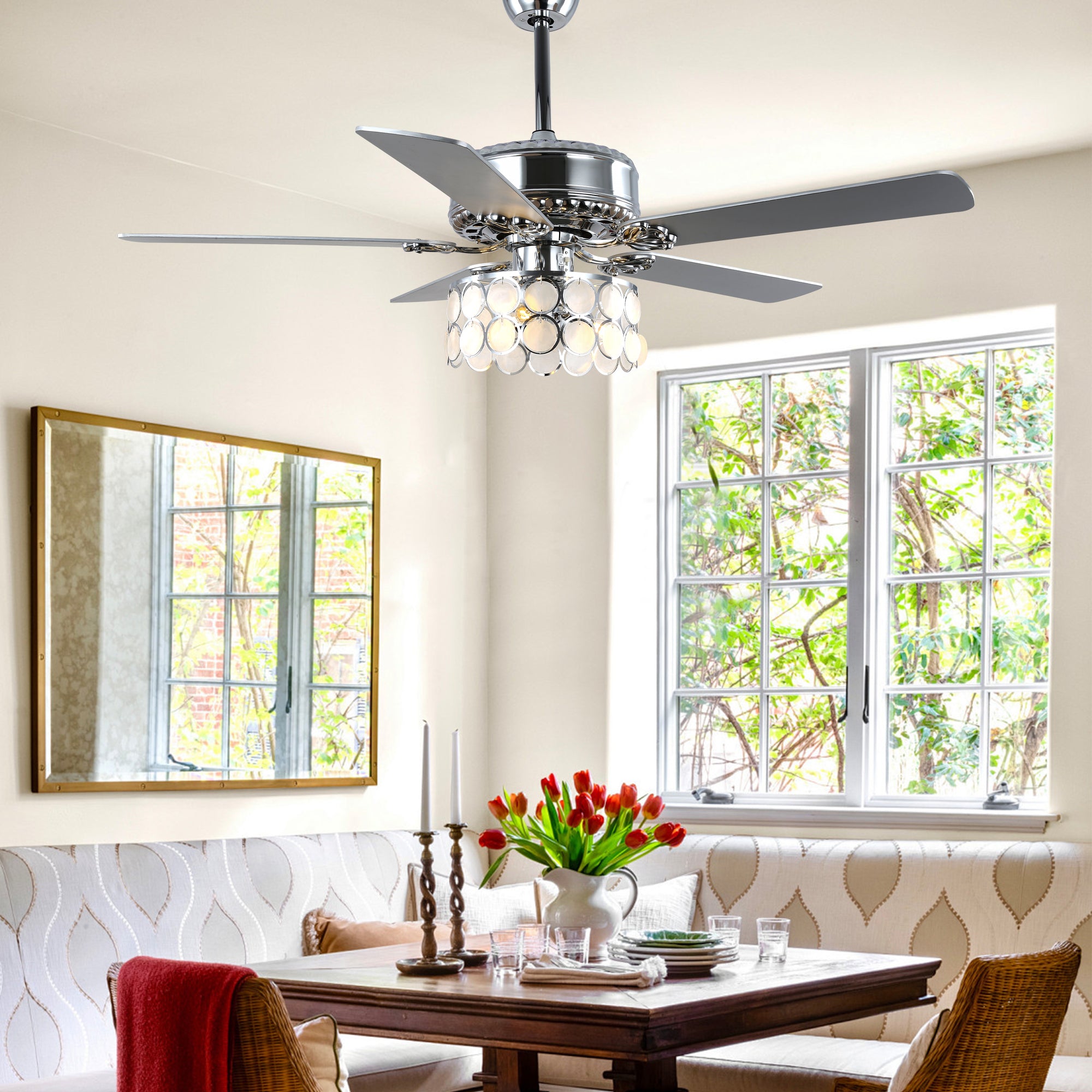 DC5216-BellaDepot 52" 5 Wooden Blades Chrome Finish Modern Reversible Ceiling Fan with Remote and Light, 6-speed Large Size Ceiling Fan