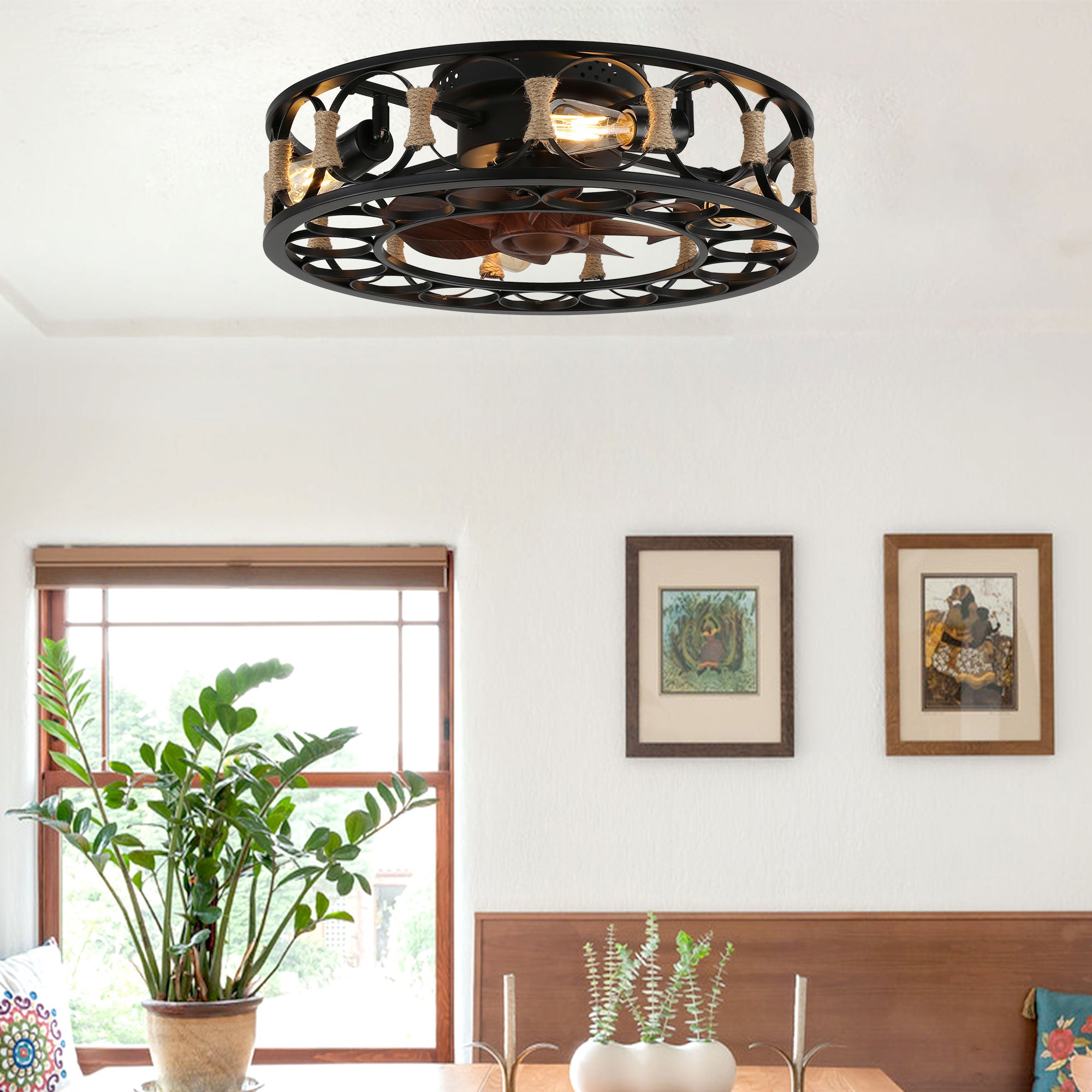 DC2026OA-BellaDepot 19.7" Low Profile Caged Reversible Ceiling Fan with Remote and 4 Lights, 6-speed Ceiling Fan