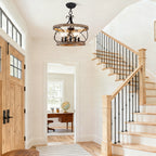 3 - Lights Farmhouse Drum Chandelier, 13" Wooden Chandelier for Dining Room with Height Adjustable