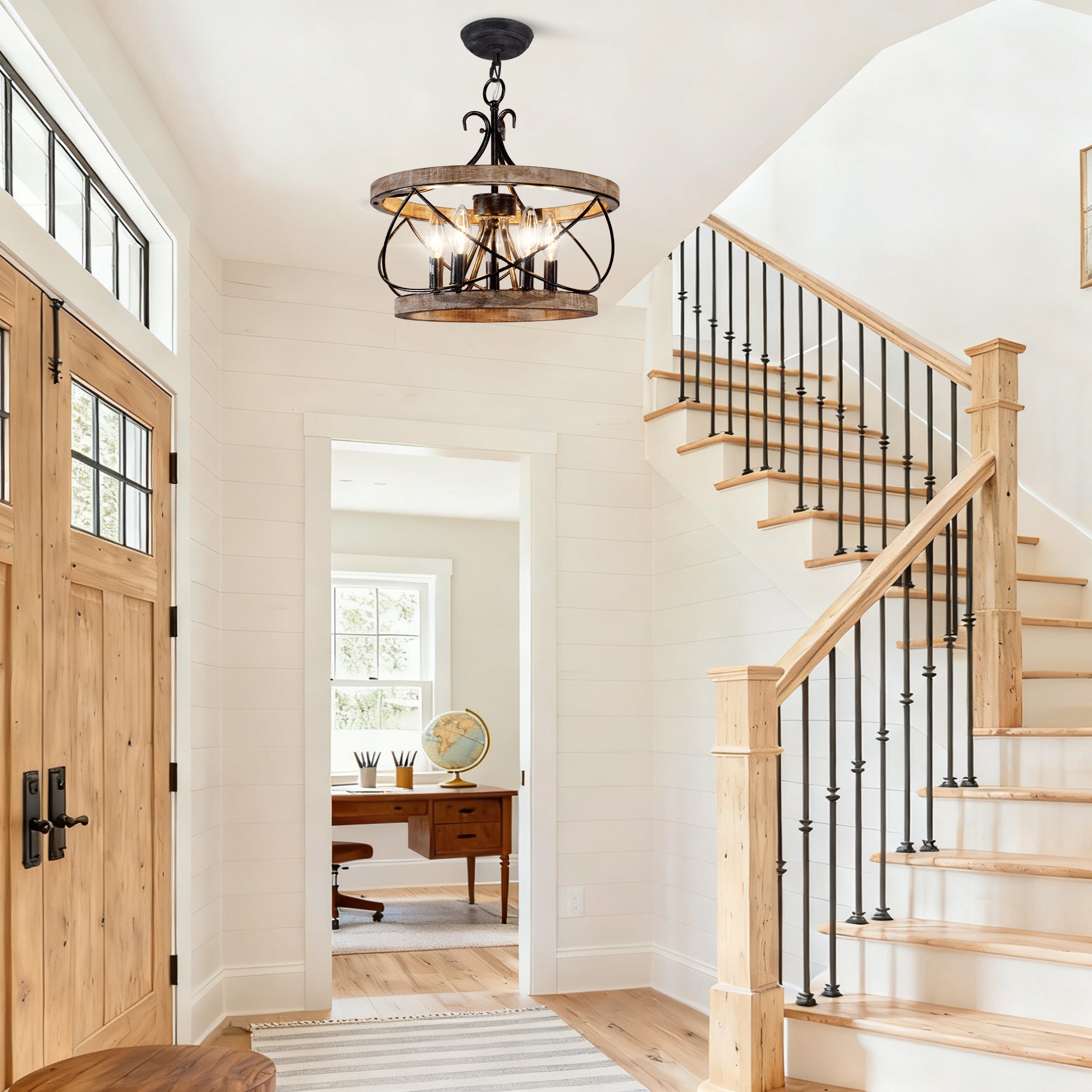 5 - Lights 15.7" Distressed Wood/White Mid-Century Caged Chandelier, Adjustable Chain Pendant Light Rustic Drum Chandelier