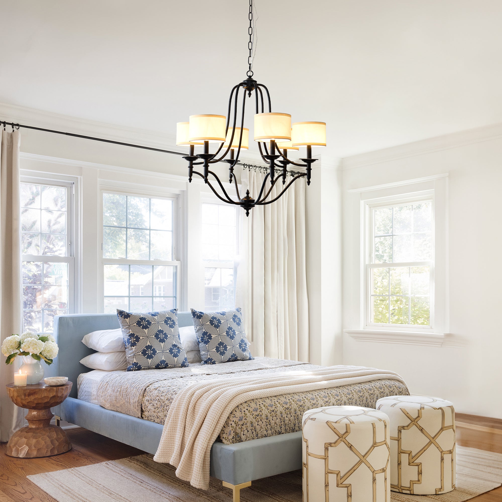 6 - Light Traditional Farmhouse Chandelier with Fabric Shades, 30 Inch Black Chandelier, Adjustable Classic Dining Room Light Fixture for Living Room