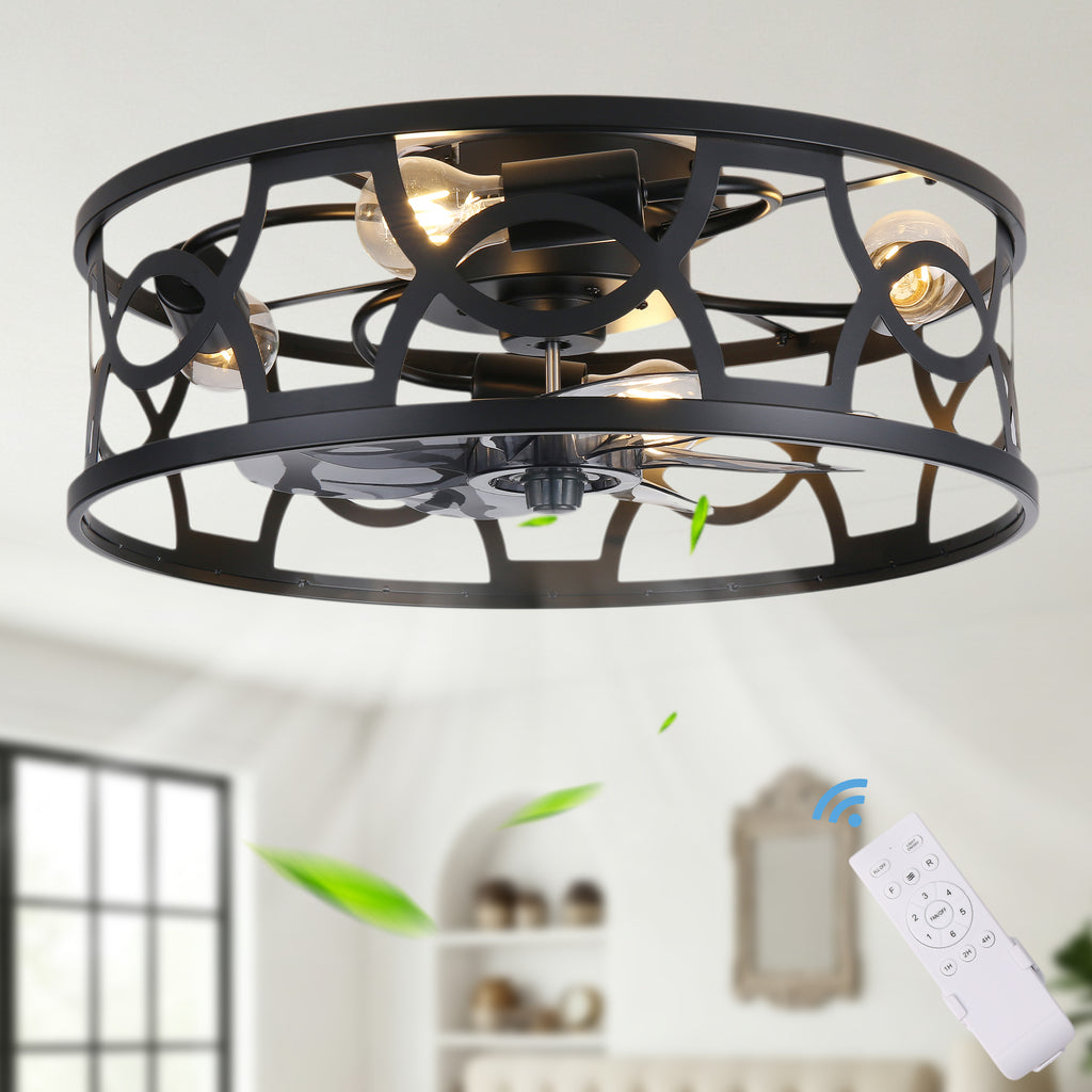 Industrial 20 Inch Caged Flush Mount Ceiling Fan with Light Quiet Reversible DC Motor with Remote Control Small Ceiling Fan Modern 7 Blades Ceiling Fan with Light Suit for Bedroom，Kitchen