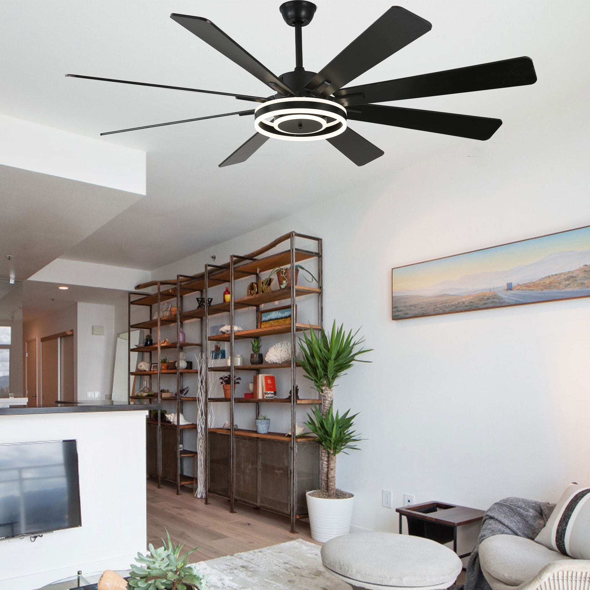 DC7202-BellaDepot 72" 8 Wooden Blades Gold/Black/Silver Finish Modern Urban Reversible Ceiling Fan with Remote and LED Light Kit Included, Large Size Dimmable Ceiling Fan