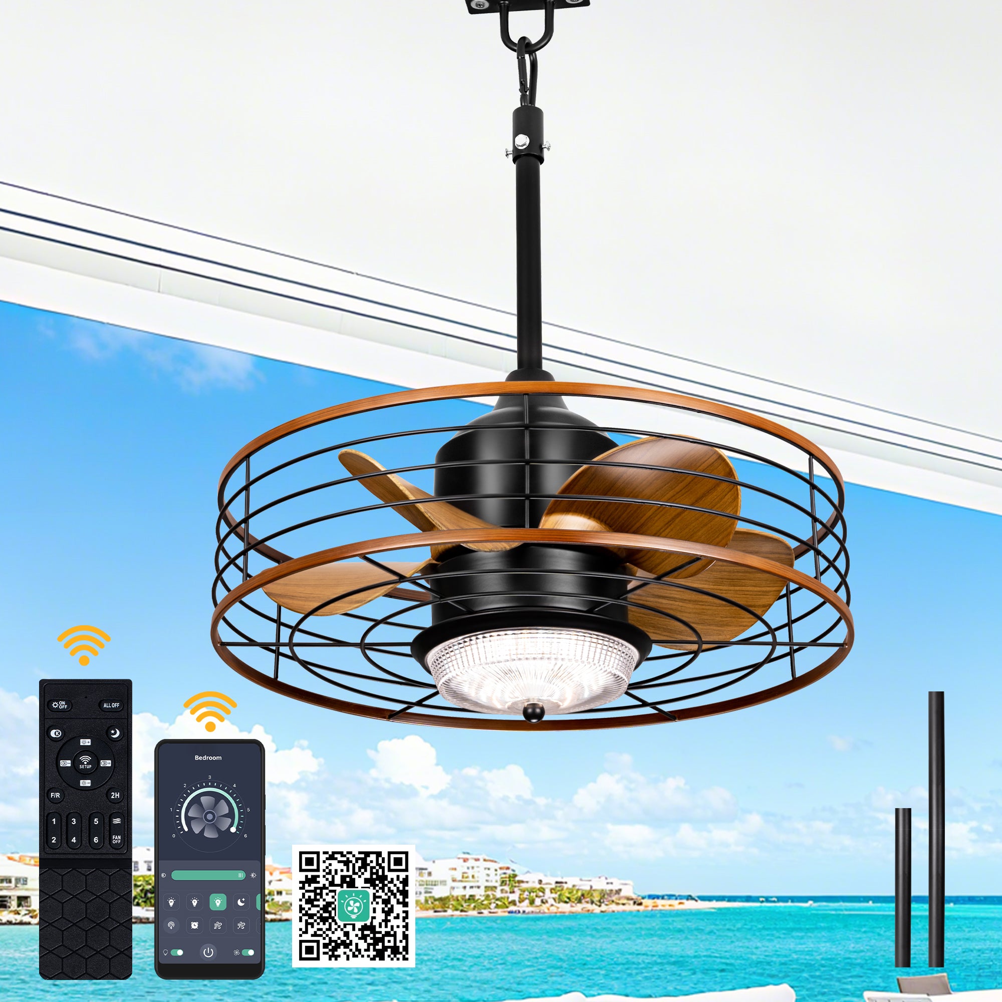 21 Inch Outdoor Waterproof Ceiling Fan with LED Light and Remote & APP Control, 6-Speed Reversible DC Motor Plug-in Ceiling Fan for Patio