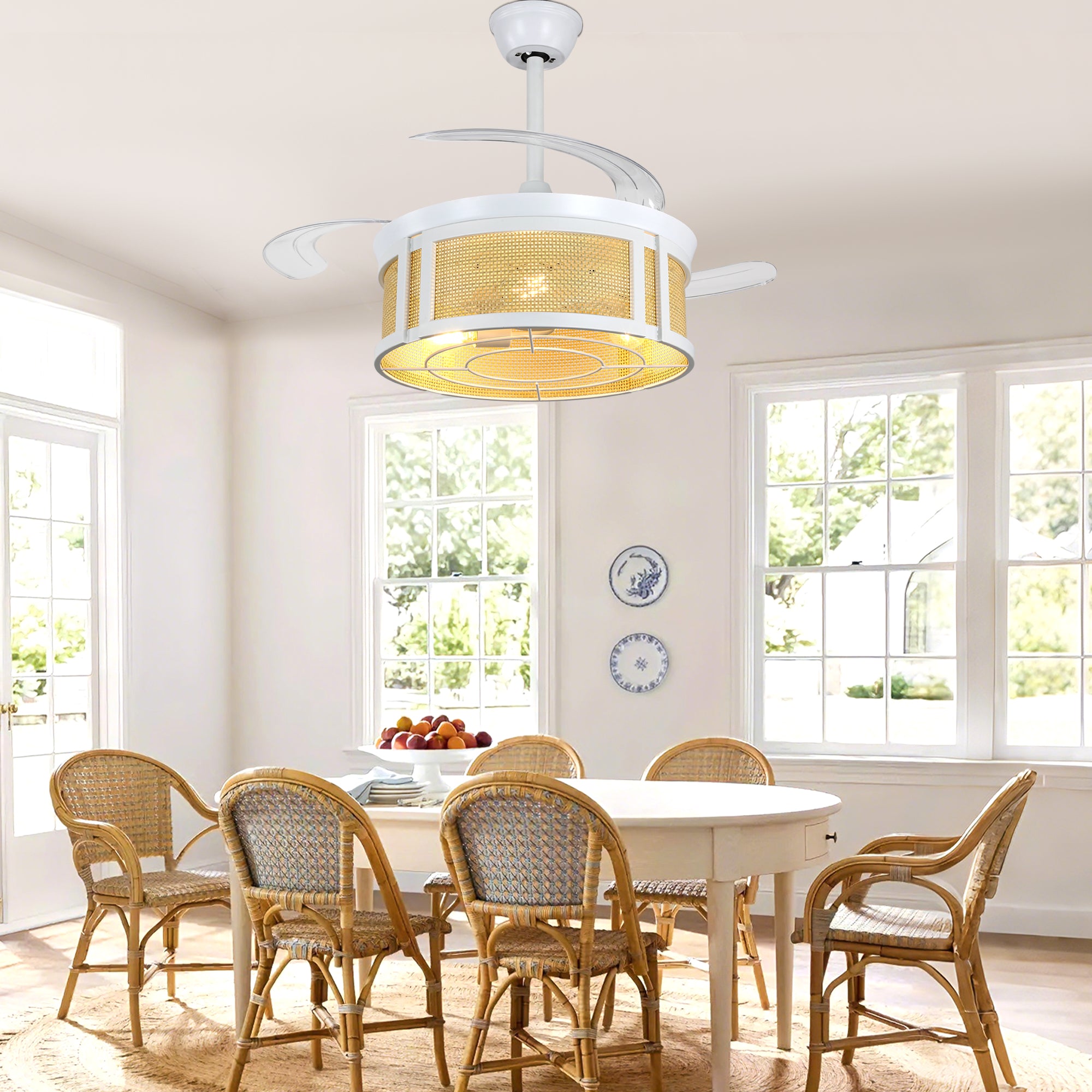 42 Inch White Rattan Retractable Ceiling Fan with Lights and Remote, 6 Speeds DC Motor Bladeless Fandelier Ceiling Fan for Bedroom