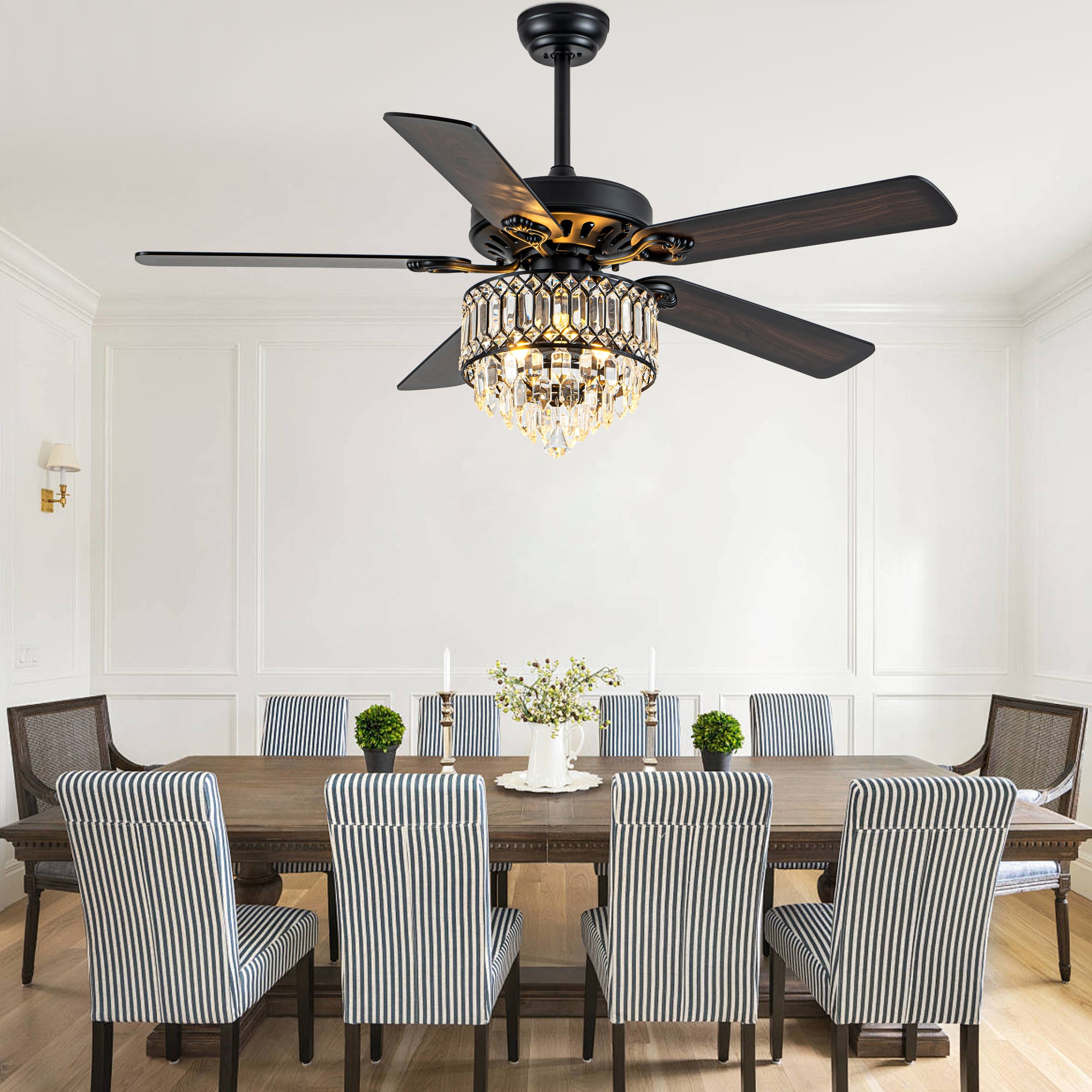 52 Inch Modern Luxury Crystal Ceiling Fan with Light and Remote Control, 6 Speeds DC Motor Chandelier Ceiling Fan for Living Room