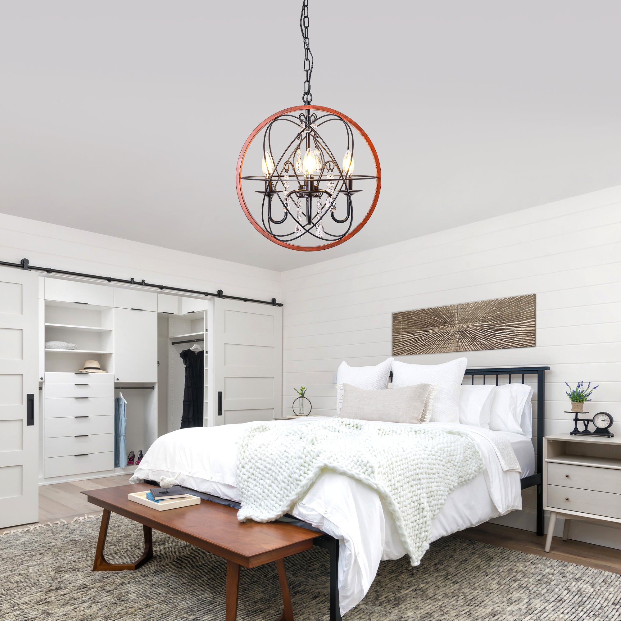 4-Light Crystal Sphere Chandelier, 16.5" Orb Globe Chandelier with Wood Grain Ring, Modern Crystal Chandeliers for Entryway