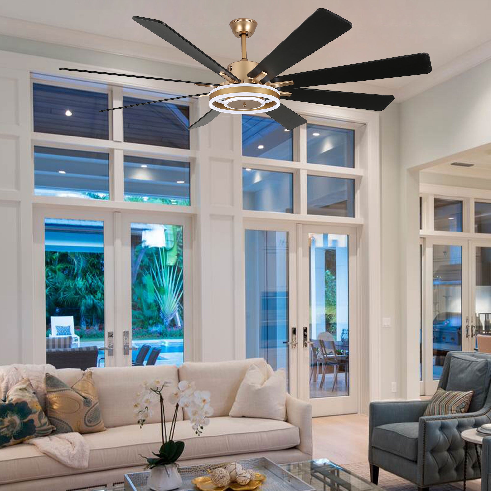 DC7202-BellaDepot 72" 8 Wooden Blades Gold/Black/Silver Finish Modern Urban Reversible Ceiling Fan with Remote and LED Light Kit Included, Large Size Dimmable Ceiling Fan