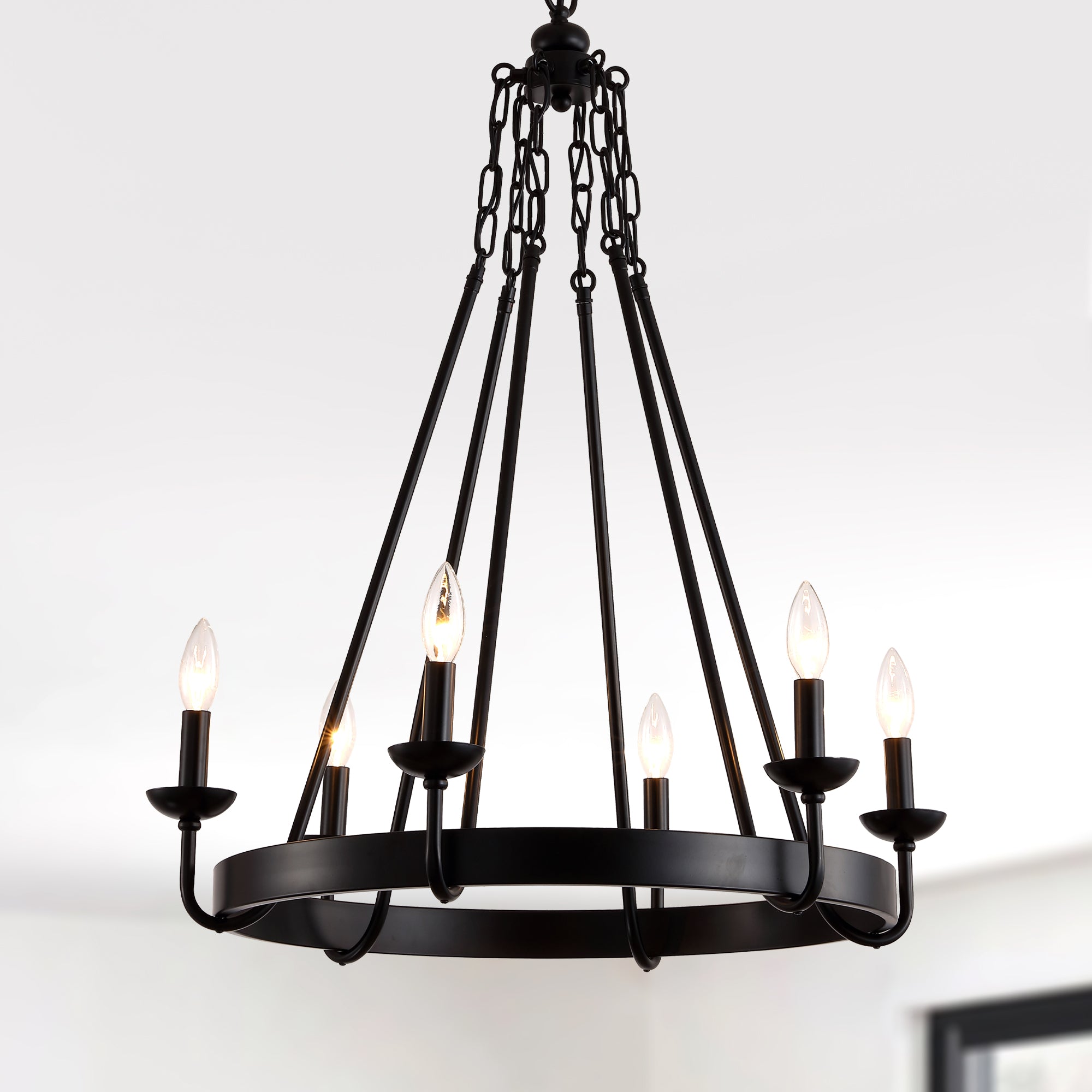 6 - Light Farmhouse Industrial Wagon Wheel Candle Chandelier, 25 Inch Round Matte Black Chandelier with Adjustable Chain, Rustic Candle-Style Pendant Light for Dining Room