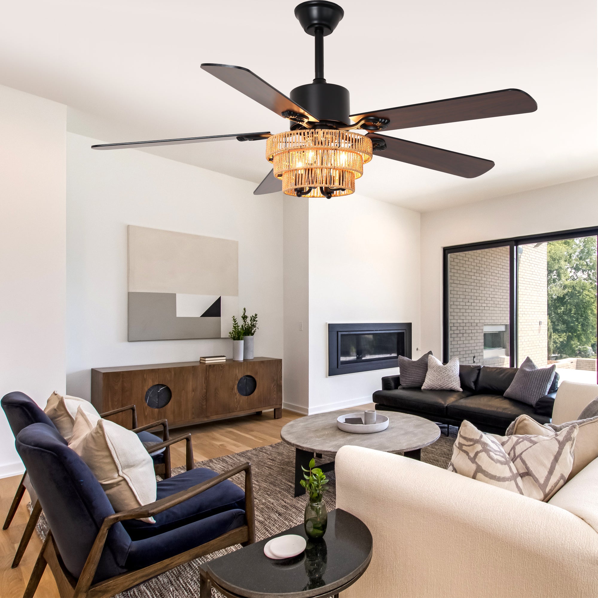 DC5221-BellaDepot 52" Farmhouse Brown Rattan Caged Ceiling Fan with Remote Control, 5 Blades Standard Ceiling Fan with Lights
