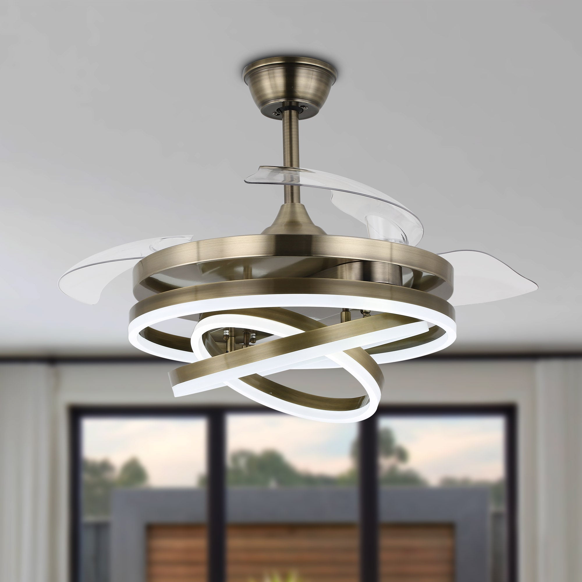 42 Inch Modern Smart Retractable Ceiling Fan with LED Light and Remote, 6 Speeds DC Motor Bladeless Ceiling Fan with DIY Shade