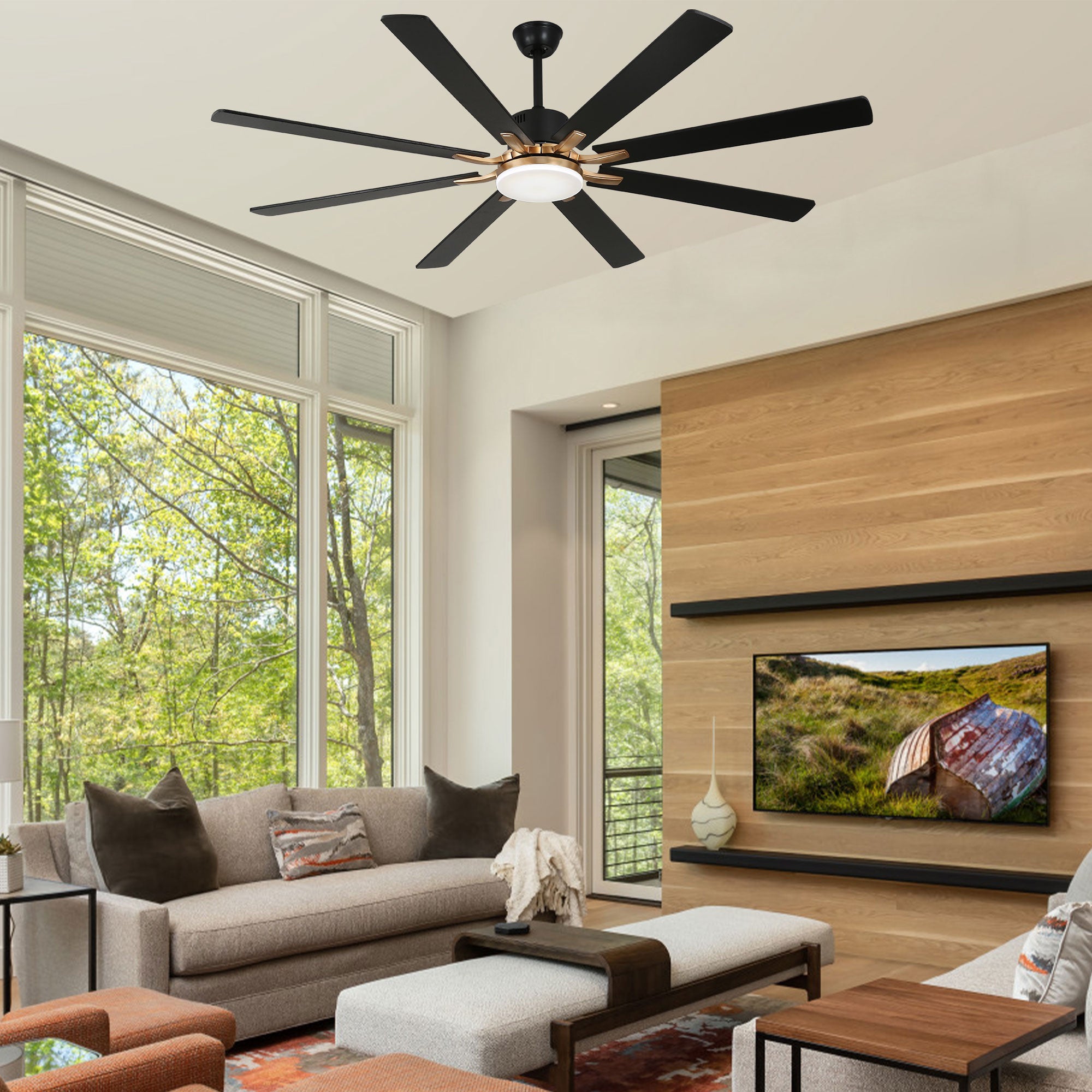 DC7203-BellaDepot 72" 8 Blades Black/Silver Finish Modern Urban Reversible Ceiling Fan with Remote and LED Light Kit Included, Large Size Dimmable Ceiling Fan