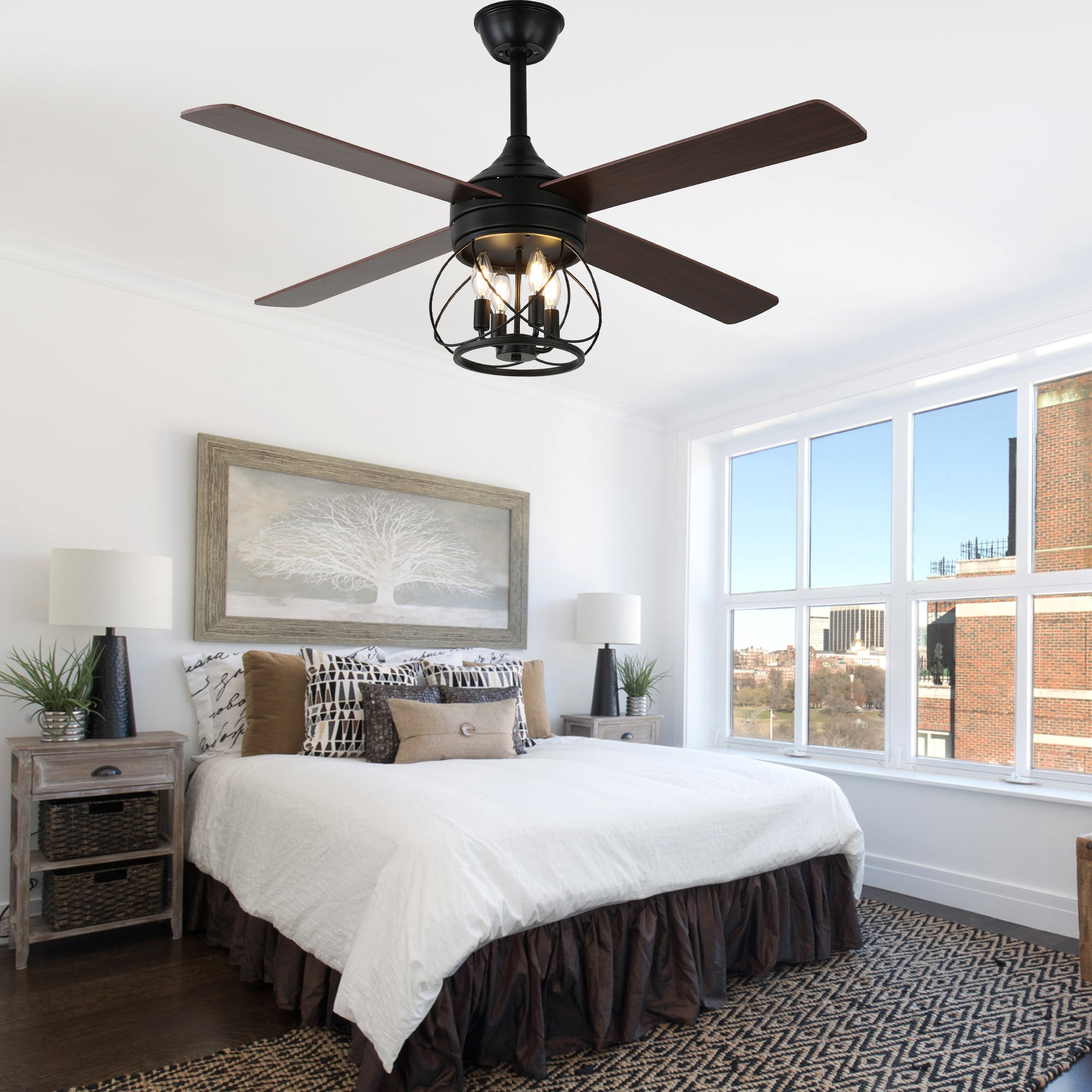 52 Inch Rustic Black Ceiling Fan with Lights and Remote, 6-Speed DC Motor Reversible Farmhouse Industrial Ceiling Fan