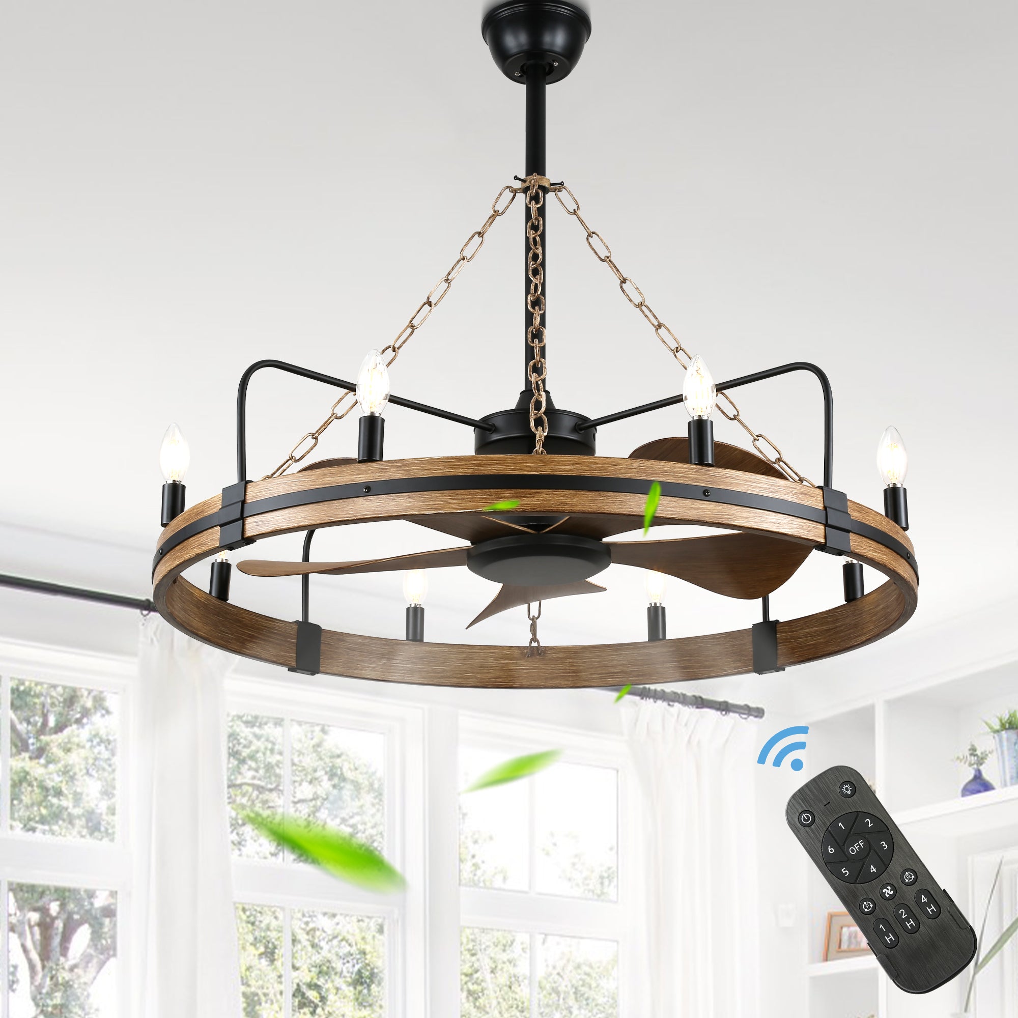 36 Inch Farmhouse Wagon Wheel Ceiling Fan with Lights and Remote Control, 6 Speeds DC Motor Bladeless Fandelier Ceiling Fan