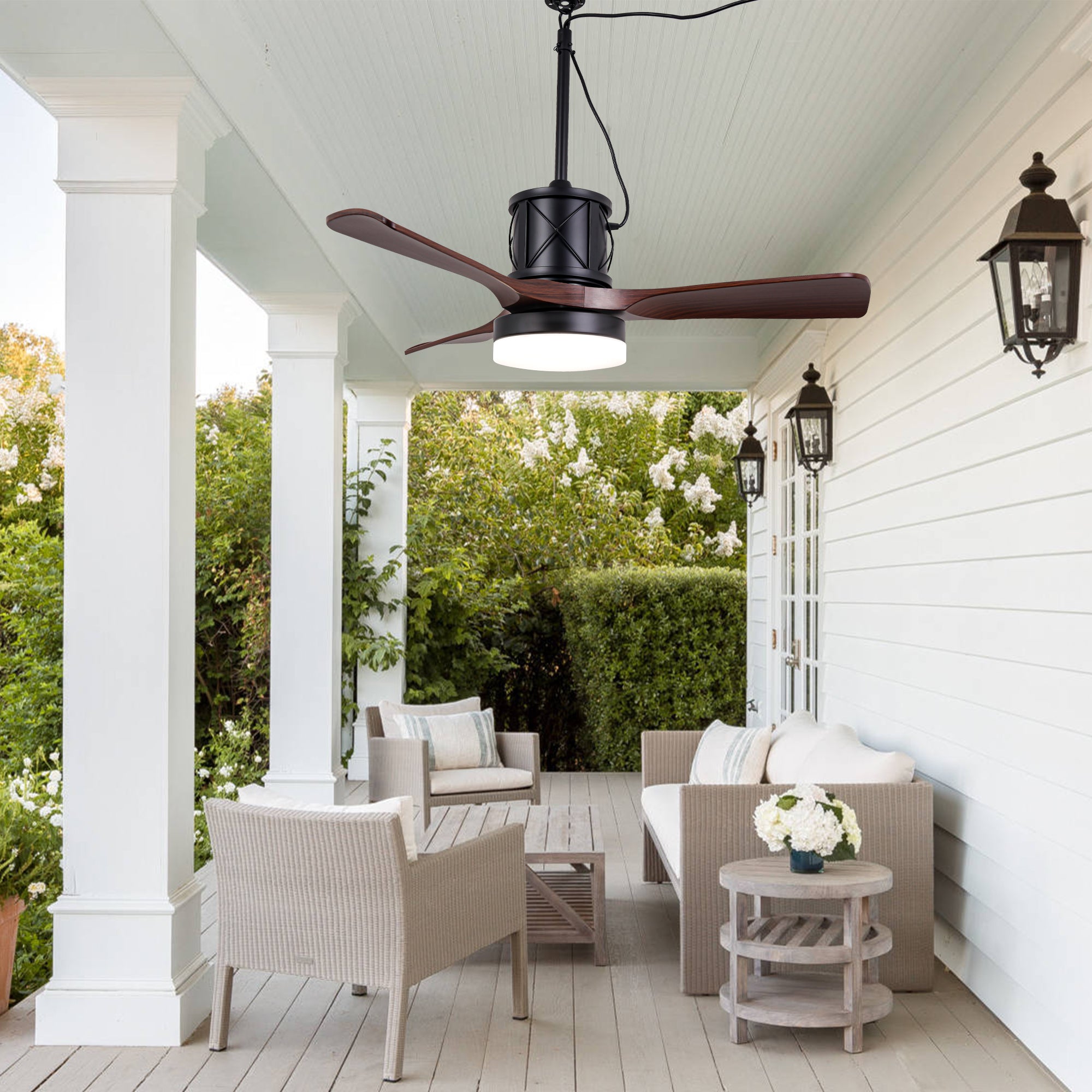 42 Inch Modern Farmhouse Smart Outdoor Ceiling Fan with Dimmable LED and Remote, 6 Speeds Waterproof Ceiling Fans Plug In Outside Patio Fan