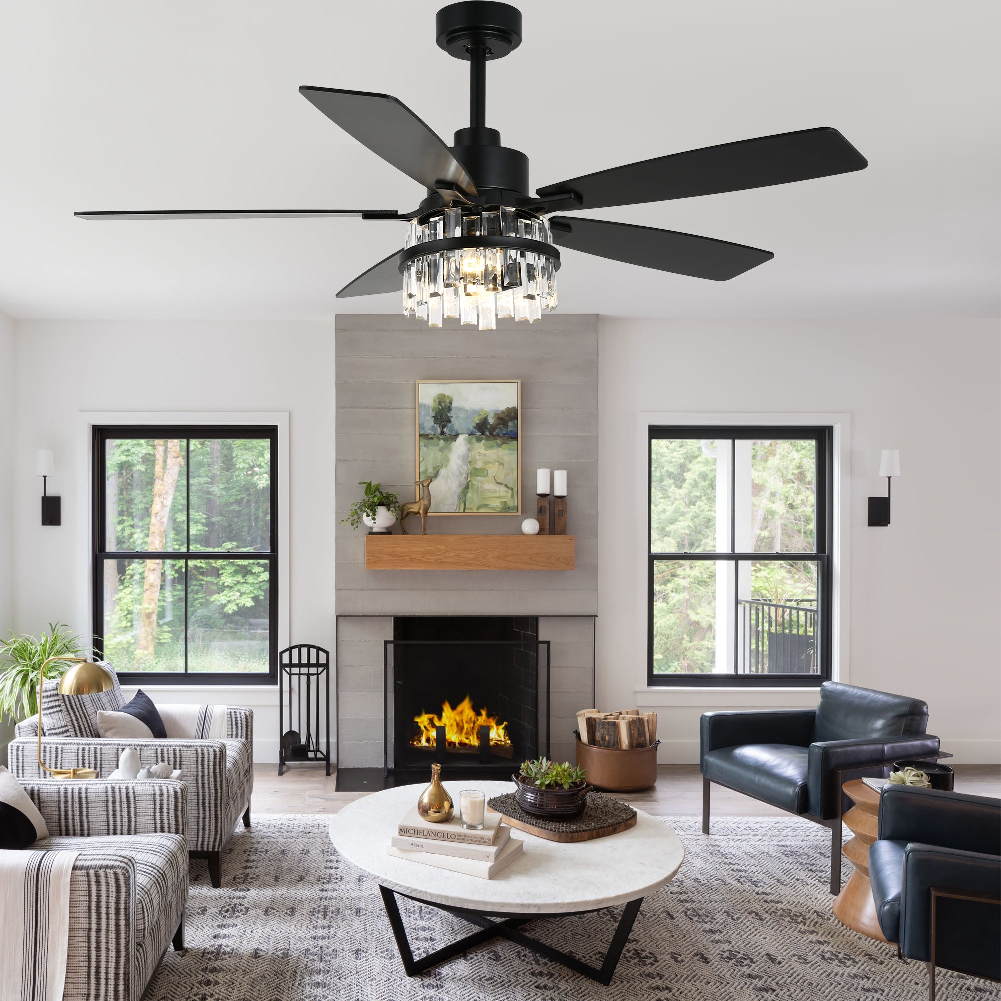 52 Inch Modern Glam Crystal Ceiling Fan with Light and Remote, 6-Speed Reversible DC Motor Large Ceiling Fan for Living Room