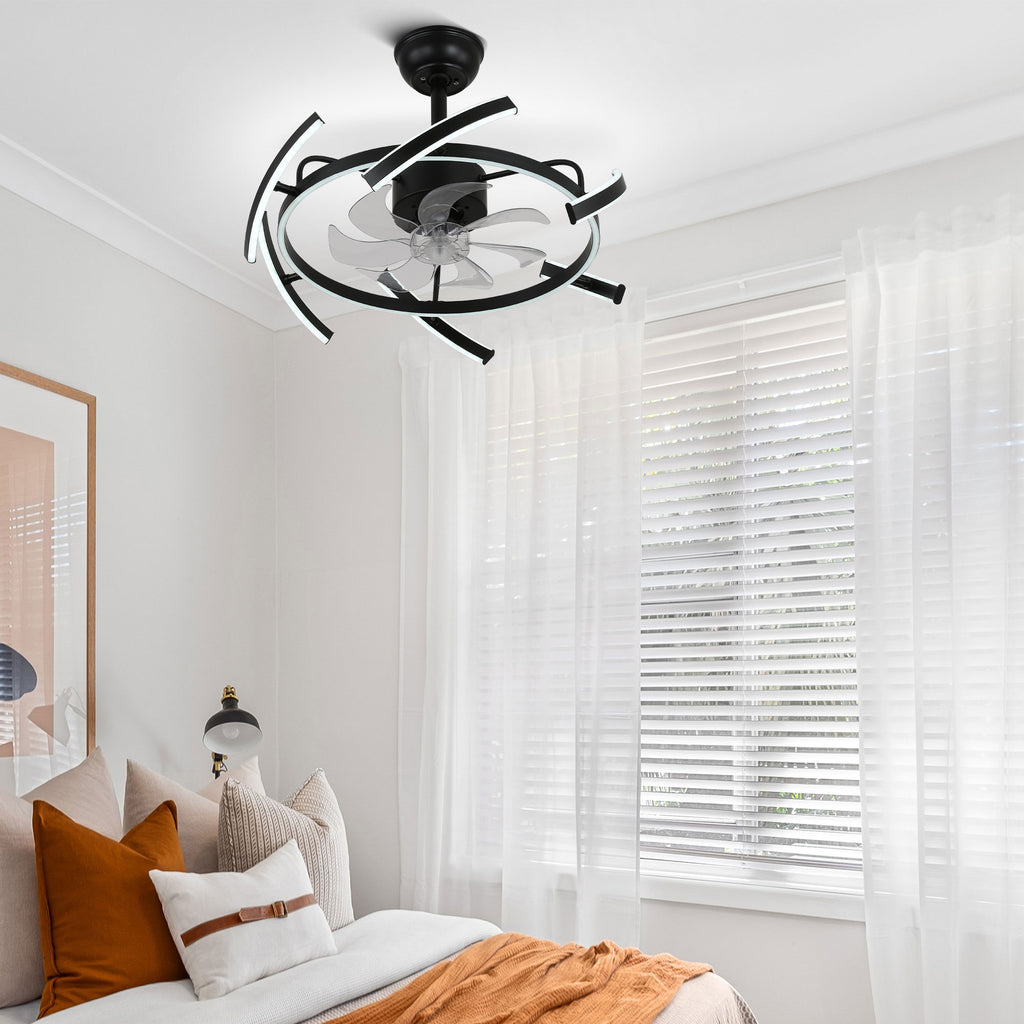 24 Inch Black Modern Smart Ceiling Fan with Dimmable LED Light and Remote, 6 Speeds DC Motor Reversible Bladeless Ceiling Fan with DIY Shape